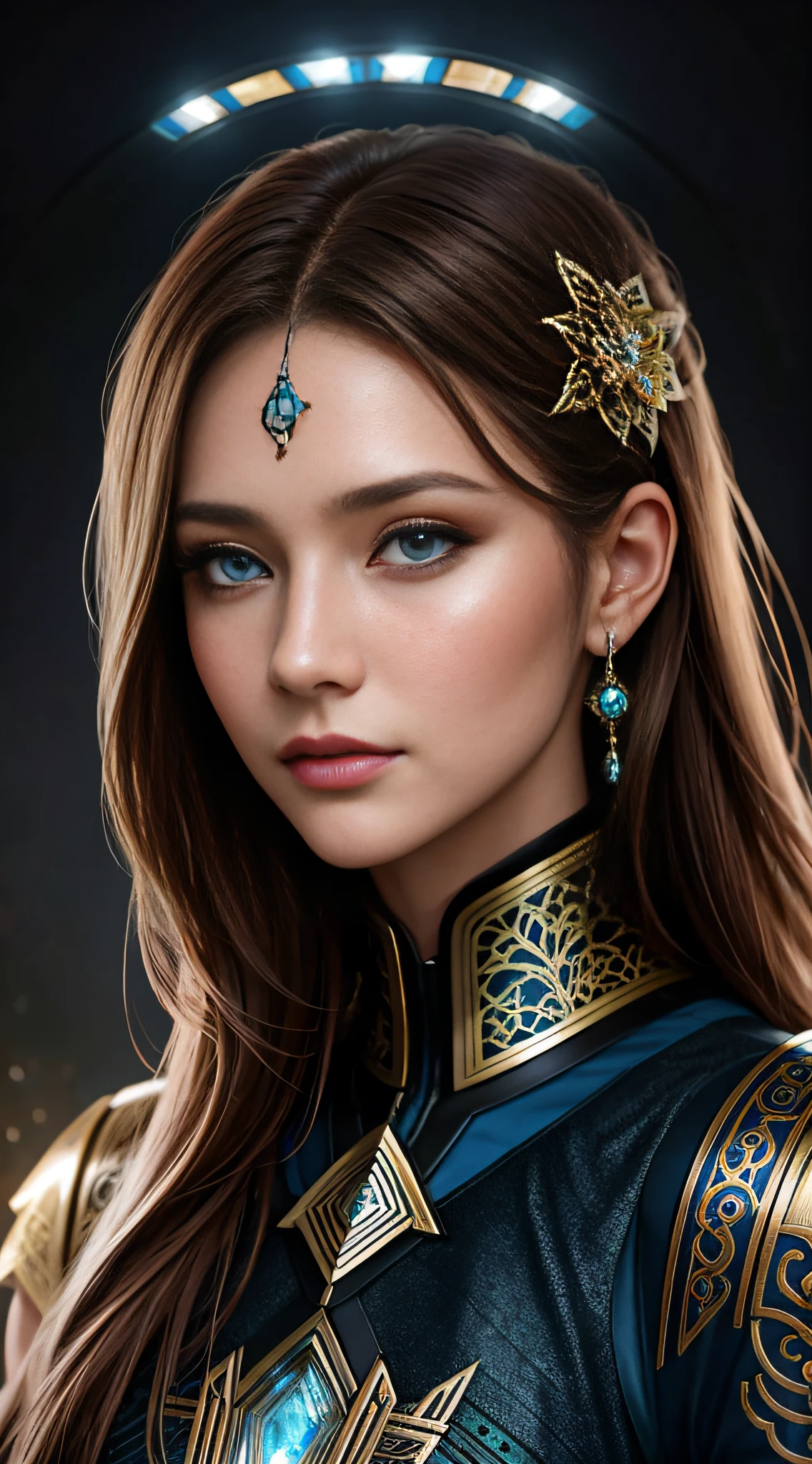 8k portrait of beautiful cyborg with brown hair,iintricate,ellegance,Highly meticulous,captivating blue eyes,A majestic,Digital photography,The artistic germ and art of Nguyen Jia and Greg Rutkowski Surrealist painting filigree,brokenglass,(tmasterpiece,Sideslit,exquisite and beautiful eyes:1.2 ), Human Development Report,