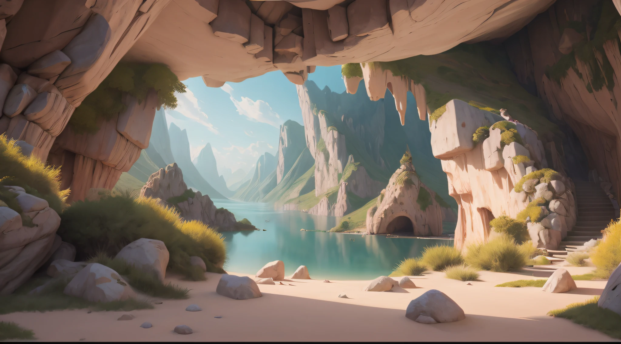 There is a picture of a mountain view with a lake, Unreal Engine Digital Painting, 3 d render stylized, environment painting, Rolands Zilvinskis 3D rendering art, environmentart, smooth digital concept art, beautiful landscape rendering, environment artist, digital painting concept art, Stylized concept art, 8k matte painting, 8 k matte painting