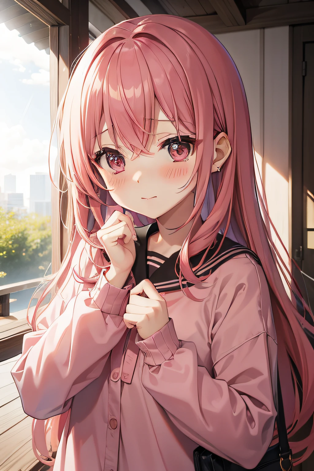 Ashamed、red blush、Pink hair、Long