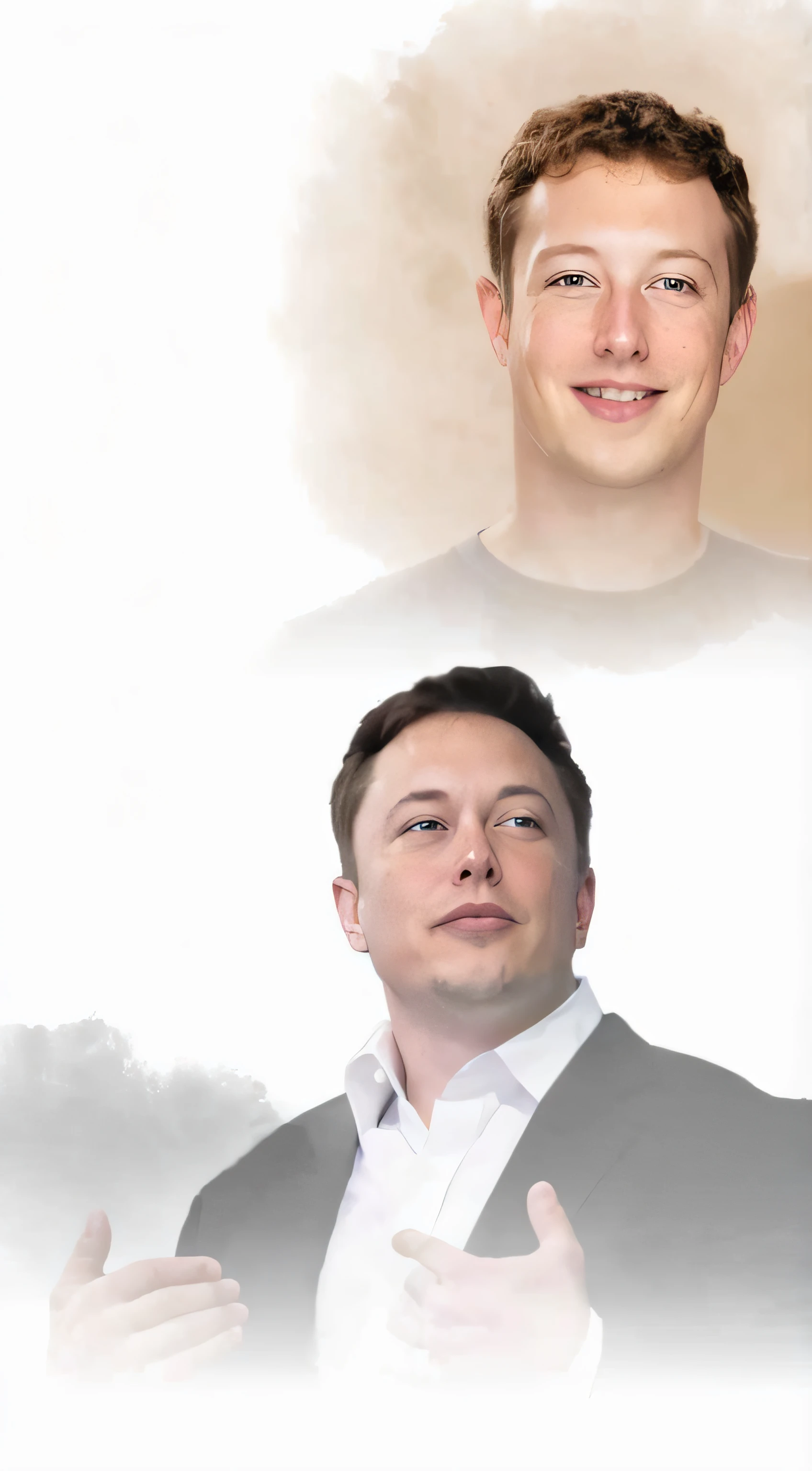 Poster close-up，There are two men in the photo，One is Elon Musk（Elon Musk），One is Mark Zuckerberg，Ink background element, Background paper texture，poster for