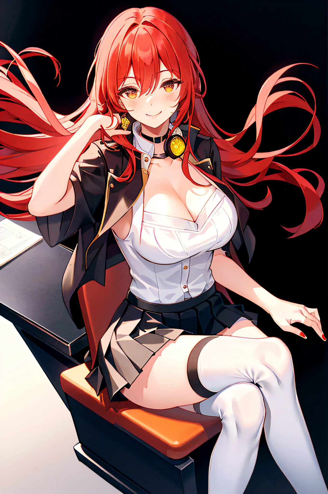 Himeko, 1girl, solo, ((white shirt)), black thighhighs, breasts, cleavage, uniform, office background, black skirt, ((pleated skirt)), office, hair between eyes, large breasts, long hair, looking at viewer, red hair, red short nails, golden eyes, solo, thighhighs, thighs, very long hair, ((masterpiece)), sitting, chair, desk, computer on desk, name tag, id tag, indoor, smile, ((blush)), shy, sexy pose,