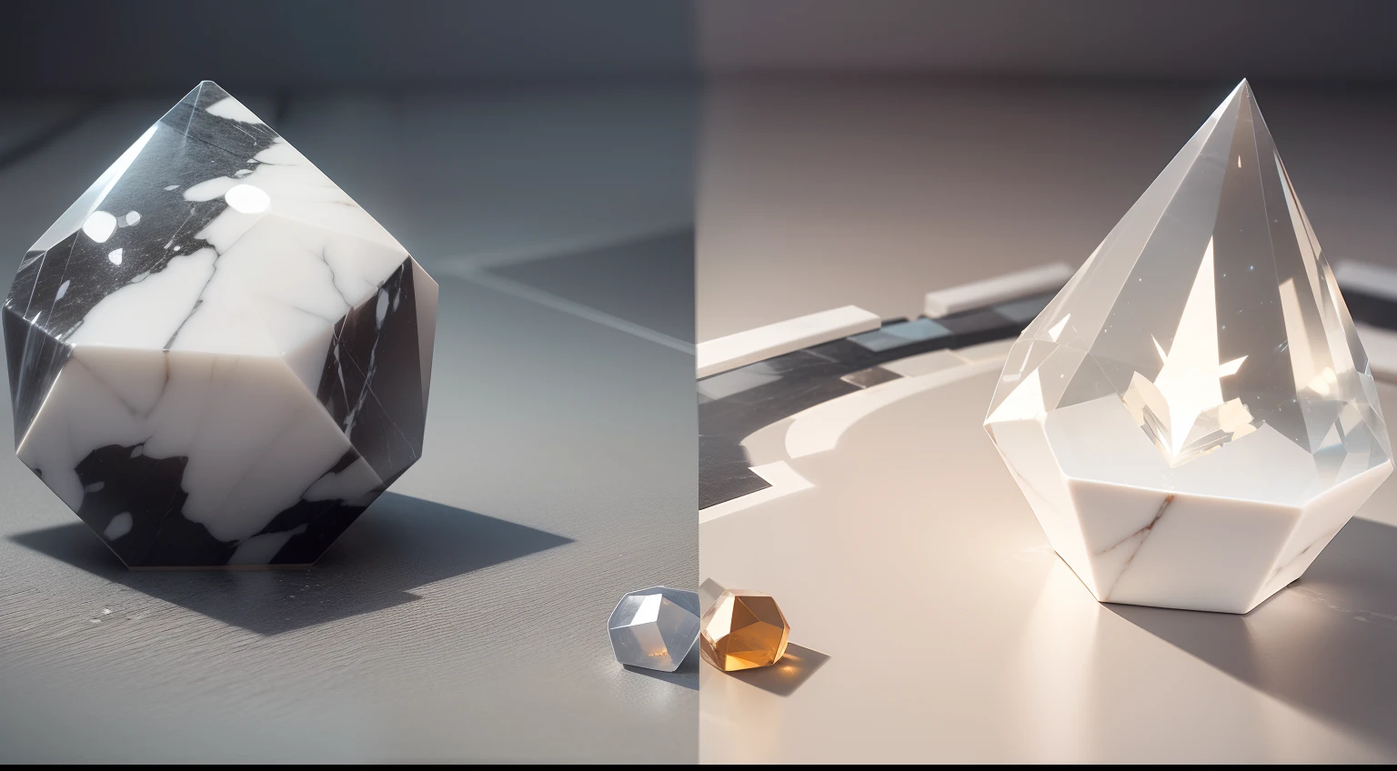 Make a comparison between marble and quartz crystal, place the stones side by side, highlighting the
