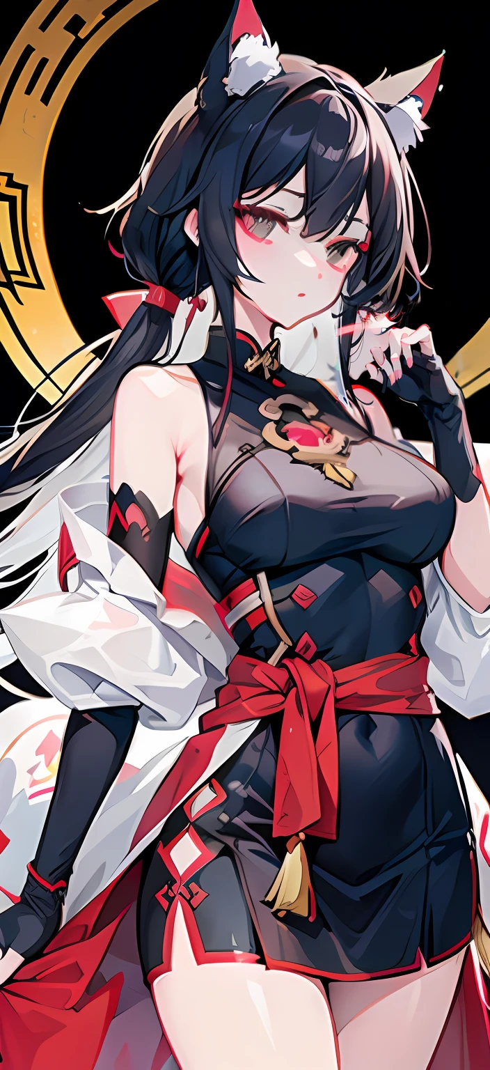 Masterpiece, best quality, high quality, 1girl, Jiangshi, open mouth, blue tongue, fangs, grin mouth, dark circles, pale skin, black hair, 2buns, long nails, spiral eyes, dynamic angle, dynamic pose, Chinese zombie girl, dead eyes, blank eyes, blood on her face, a talisman attached onto and hanging off the forehead