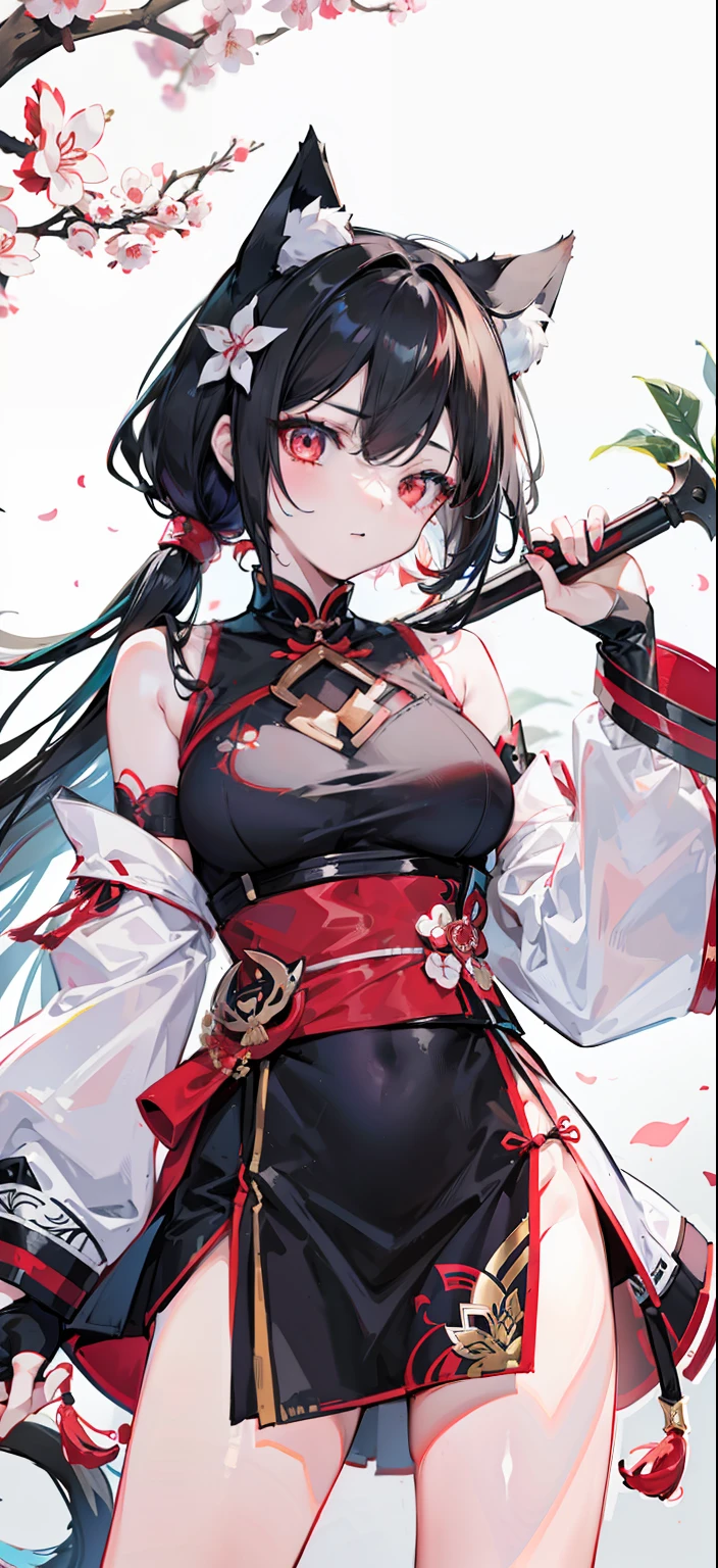 A close-up of a girl,Black hair,cat mask,Jade is tied around the waist,red color eyes,glowing light eyes,Separate the sleeves,Dress cheongsam,Cold,Perfect girly body,mediuml breasts,long leges,cat ear,mitts,There is a cat next to it,holding a longsword,,Separate the sleeves,Honkai Three style,style of anime,full bodyesbian,Spring Festival background,