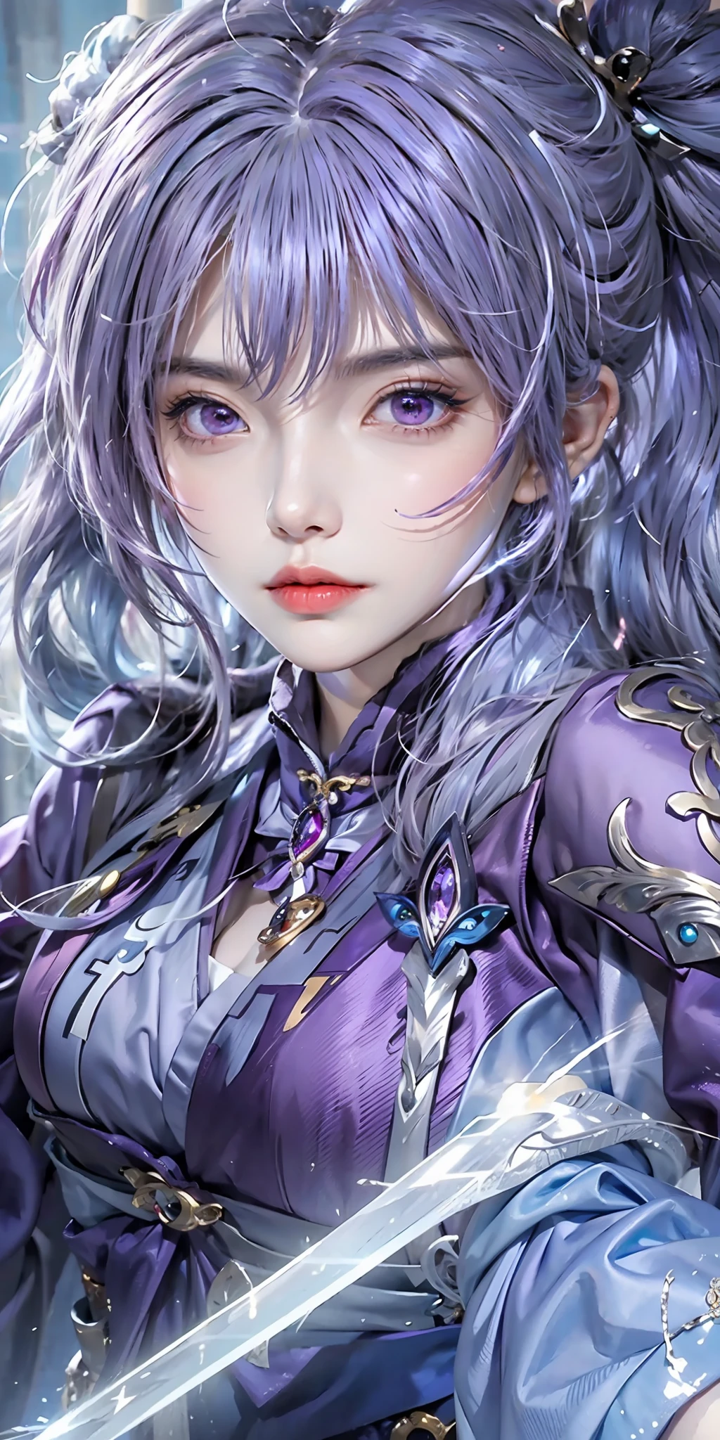 (frown, closed mouth), keqing_\(genshin_impact\), purple_eyes, purple hair, twintails, sharp eyes, serious face, gloves, hands holding sword, lightning glowing sword, purple lightning