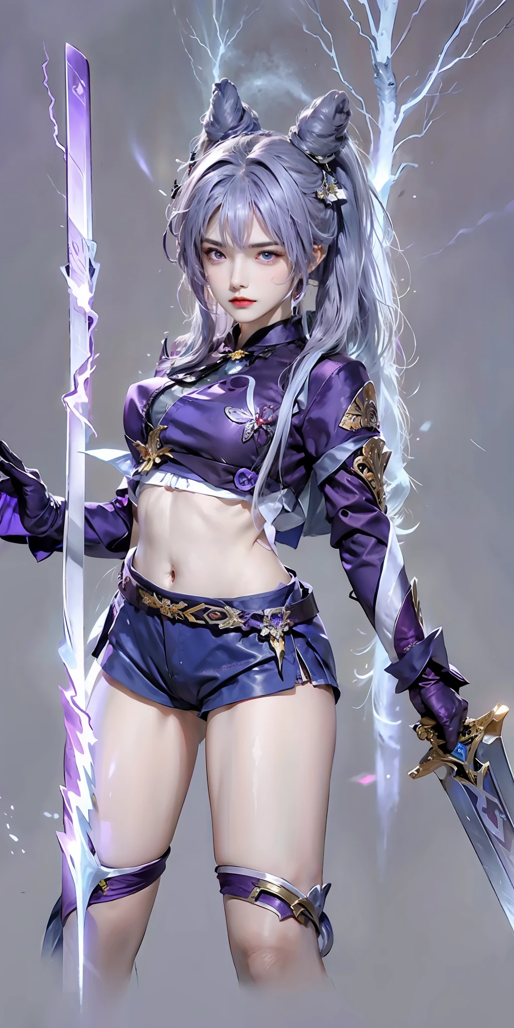 (frown, closed mouth), keqing_\(genshin_impact\), purple_eyes, purple hair, twintails, sharp eyes, serious face, gloves, hands holding sword, lightning glowing sword, purple lightning