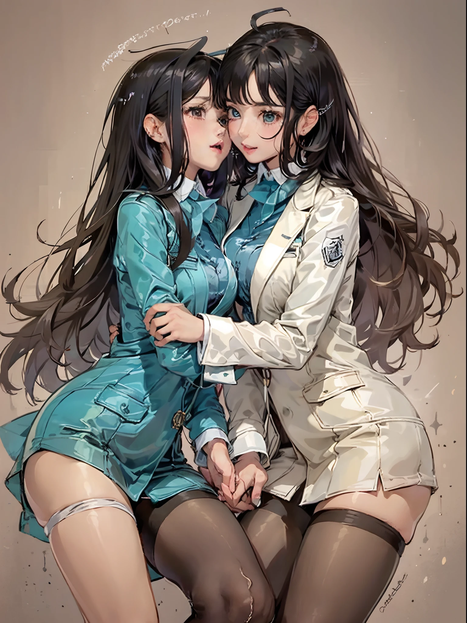 Perfect anime illustration, 2girls,Different faces，Different hairstyles，Different hair colors，Refined face，hug face to face，kiss on cheeks，1 gray hair, 1 black hair，1. Long, curly hair,1Bob Haircut curly hair， matching hairstyle, 1 brown eye,1 Blue eye, inquisitive，curiosity，Pleasure, ((matching outfits,Two girls in the same outfit， Light brown transparent student uniform，Dark brown detective style coat，Leather booties)), matching hairstyle, Fantasy style base，hug eachother，leglock，cross-legged，well drawn legs，Dark blue pantyhose, A high resolution, full bodyesbian, Pose