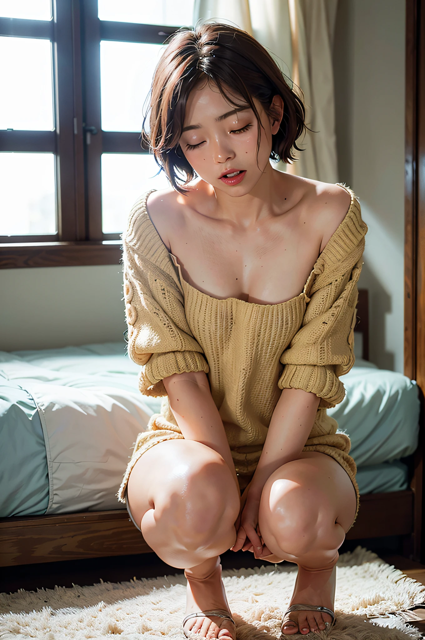 Japan girl, sunny, indoors, knitted dress, very short hair, full body, one girl, closed eyes, ((very beautiful portrait)), (glowing skin)), RAW photography, (masterpiece, best quality, hyper detail, cinema lighting, intricate detail, high resolution, 8K, very detail), detailed background, 8K UHD, DSLR, soft lighting, high quality, film grain, Fujifilm XT3, shallow depth of field, natural light, cowgirl squatting on bed,, POV, face crying with mouth open, masturbation