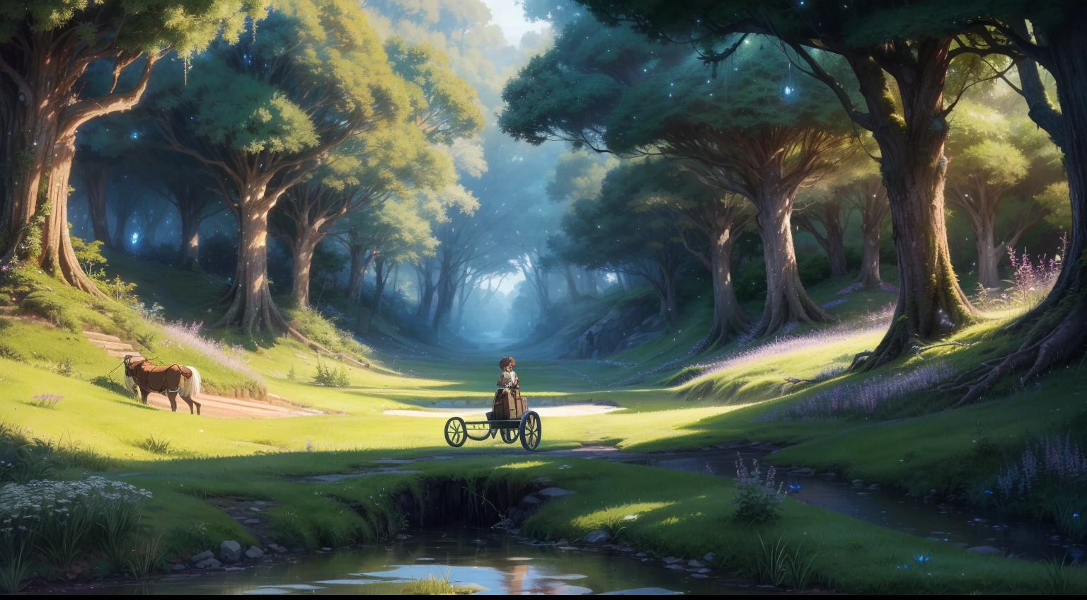 (Best Quality),(Masterpiece),(Ultra Detailed),(higly detailed),(Extremely detailed),starting location with crystals in the ground village with a broken cart in the game anime landscape in the style of Miyazaki Nausicaa Ghibli, Shinkai Makoto Mixed Forest, with vines , grass and moss with obstacles forest, moss, Unusual animals running around