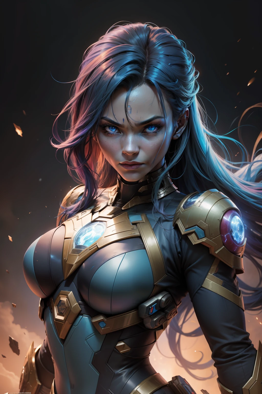 com nebulosa pele azul, Do Universo Marvel, is a cyborg with blue skin and a dark past linked to Thanos. Known for her superhuman strength and technological abilities, she oscillates between loyalty and conflict with her sister Gamora. a complex character within the Guardians of the Galaxy. As complexidades fazem dela uma figura intrigante e multifacetada.
(best quality: 1.0), (Ultra Highres: 1.0), rosto e olhos altamente detalhados, (fotorrealista: 1.2)