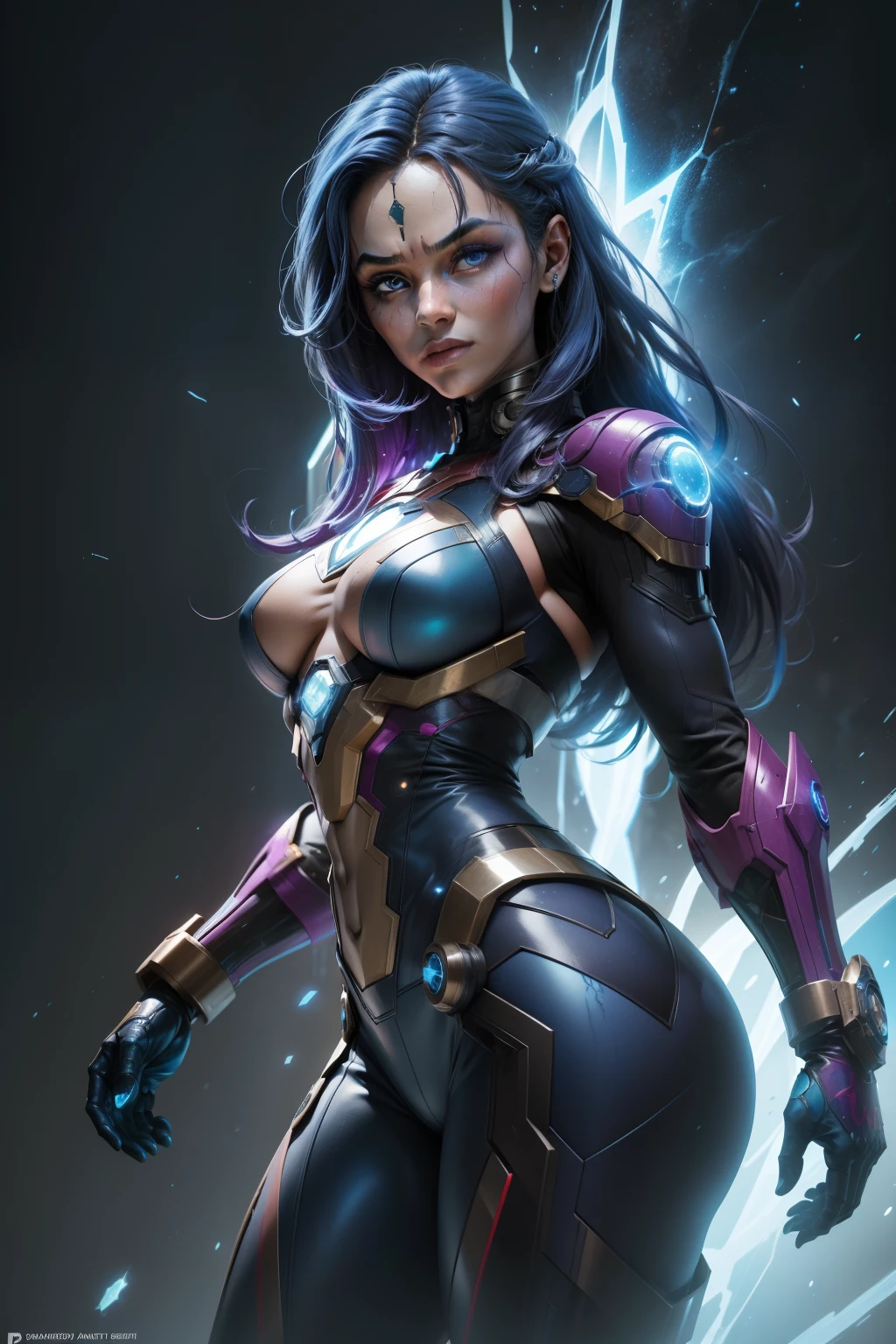 com nebulosa pele azul, Do Universo Marvel, is a cyborg with blue skin and a dark past linked to Thanos. Known for her superhuman strength and technological abilities, she oscillates between loyalty and conflict with her sister Gamora. a complex character within the Guardians of the Galaxy. As complexidades fazem dela uma figura intrigante e multifacetada.
(best quality: 1.0), (Ultra Highres: 1.0), rosto e olhos altamente detalhados, (fotorrealista: 1.2)