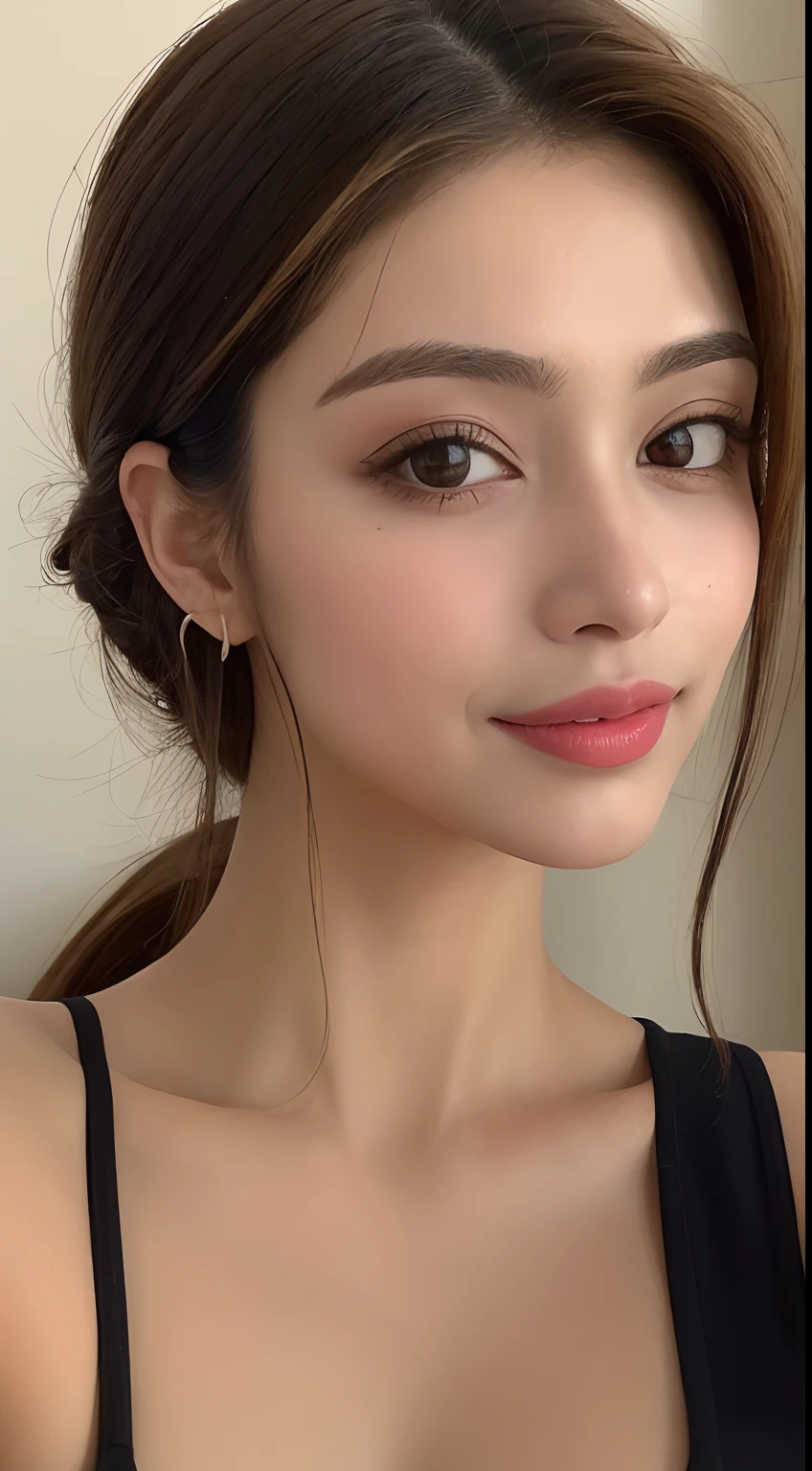 ((melhor qualidade de imagem, 8k, tmasterpiece:1.3)), 1girl, Mulher bonita com abdominais esguios:1.3, (penteado casual, Sem vazamento de seios grandes:1.2), Low-cut bra,Super grande,rosto ultrafino, olhos detalhados, Double eyelidm,sorriso,Casa,The figure is very bad,tiny small waist,seios super grandes,Close-up,Close-up peito,de pele branca,The background is casual,Tiro em Close-up