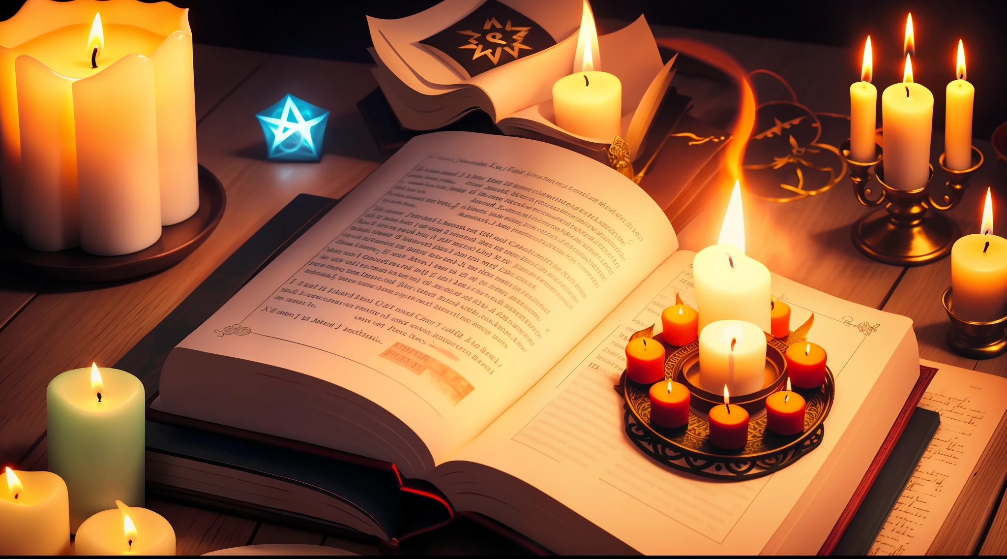 candles are lit on a table with a book and a candle, spell casting, open magic book glowing, black magic spells, spell book, spell casting wizard, casting a protection spell, holy flame spell, Reading an evil demonic book, casting a flame spell, Home Wicca Scene, spells magic, Magias, Iluminado com velas, magic symbols, magic book