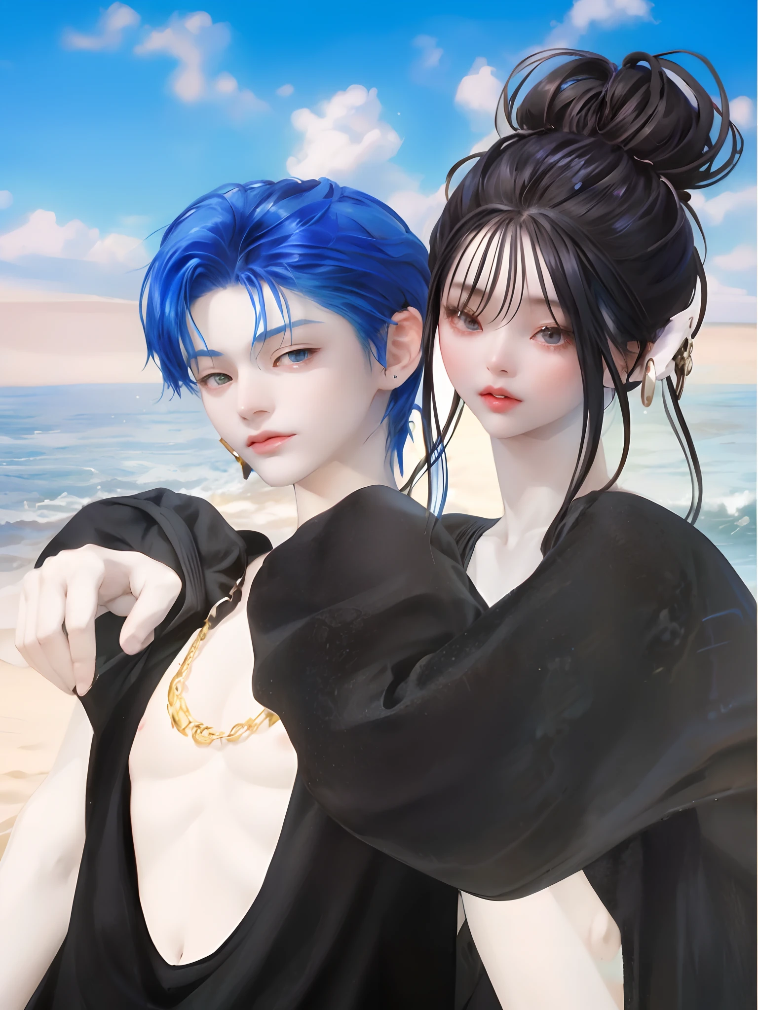 Blue hair woman is standing on the beach, nixeu and sakimichan, inspired by Sim Sa-jeong, imvu, realism artstyle, inspired by Ren Renfa, second life avatar, beaching, in beach, sakimichan and frank franzzeta, kda and sam yang, Inspired by Wang Duo