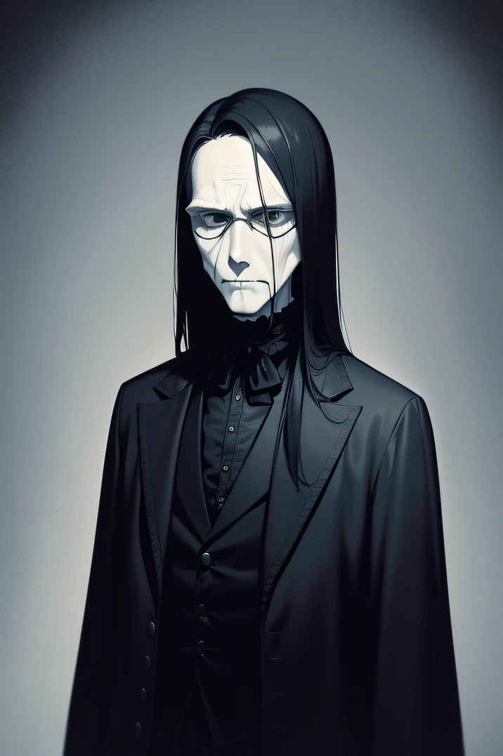 A straight, slender man dressed in black, middle-aged, ugly, treacherous, and dark，19th century clothing，face expressionless