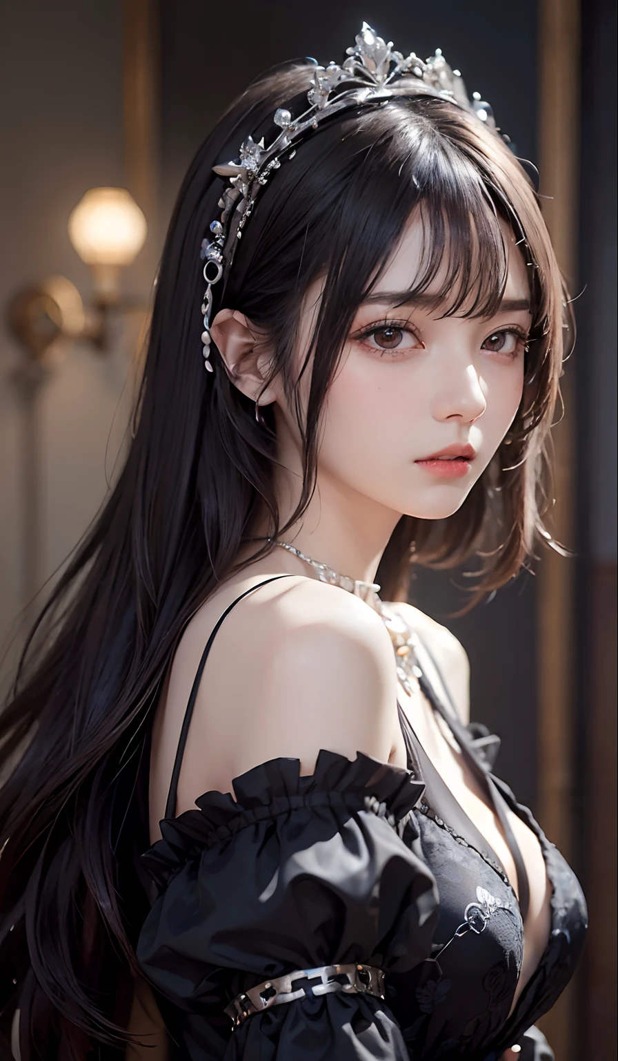 ((top-quality、masterpiece:1.3))、sharp:1.2、Perfect Body Beauty:1.1)、Highly detailed facial and skin texture、Detailed eye、Fantasia、(Pure black dress:1.3)、(chains:1.3)、二重まぶた、((Longhaire:1.5))、(dark brown hair)、(well-groomed bangs:1.2)、((One Woman))、fantasy castle、tying hair、Black Princess、darkened room、Darkness Falls、The Princess Who Turned Evil、Fallen into evil、Evil Princess、a necklace、Luxurious ornaments、