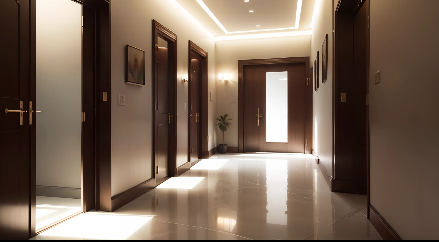 make a hallway of a modern house where the floor is made with marble, use beautiful lights
