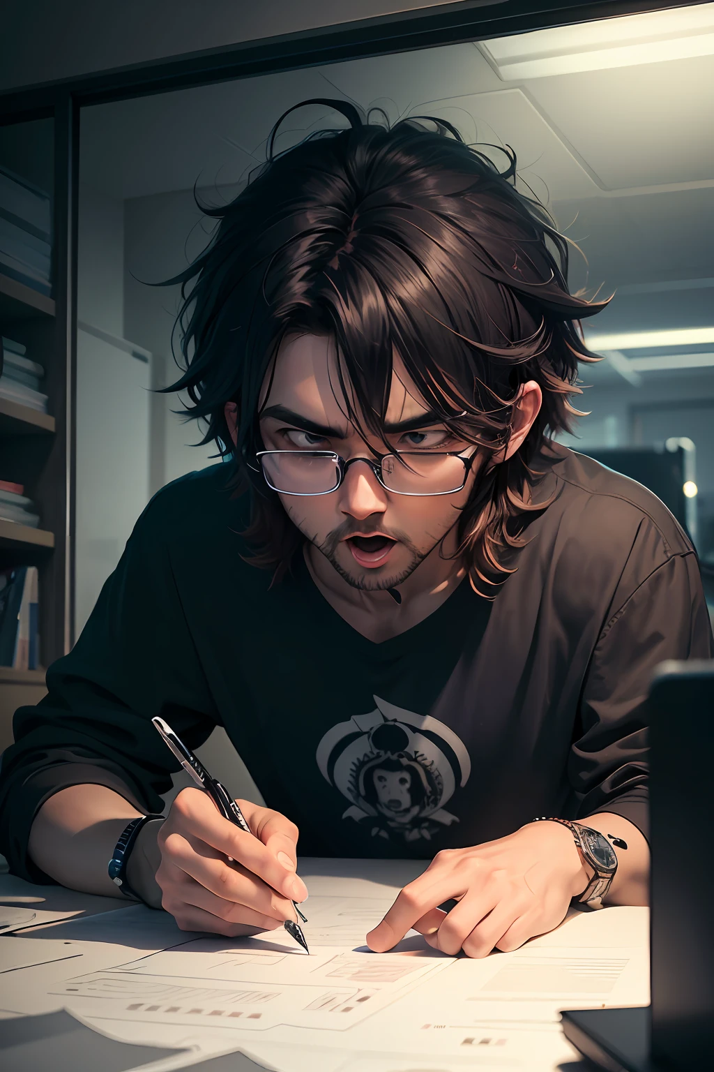cartoonish style,deep in the night,office room,Tired designer yawning in front of computer,eye glass,messy hair,kawa,rich details,the soft light,tmasterpiece