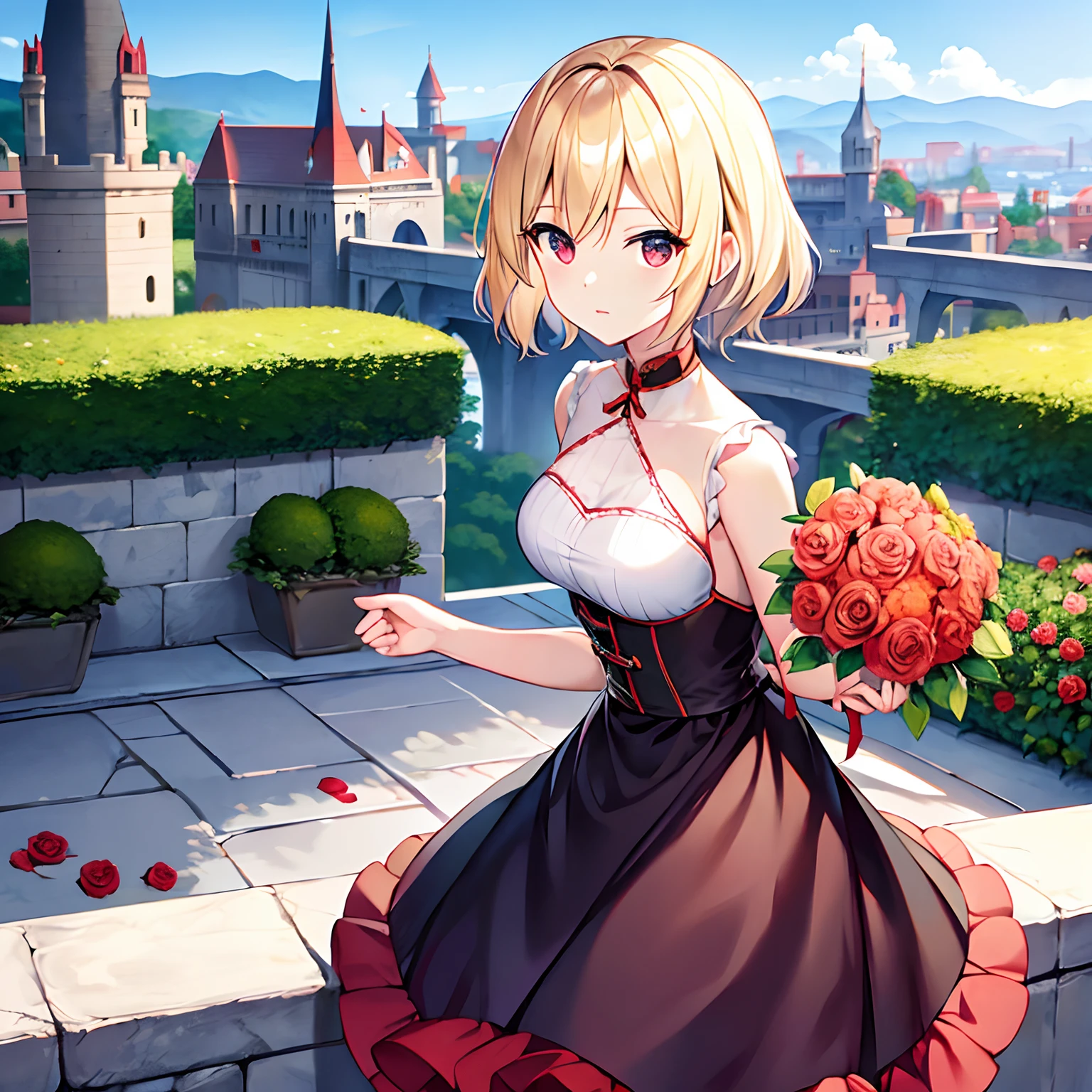 Short blonde Hair、red eyes、Beautiful girl alone、独奏、animesque、western clothes、a miniskirt、Castles、Flower bouquet、rose garden
