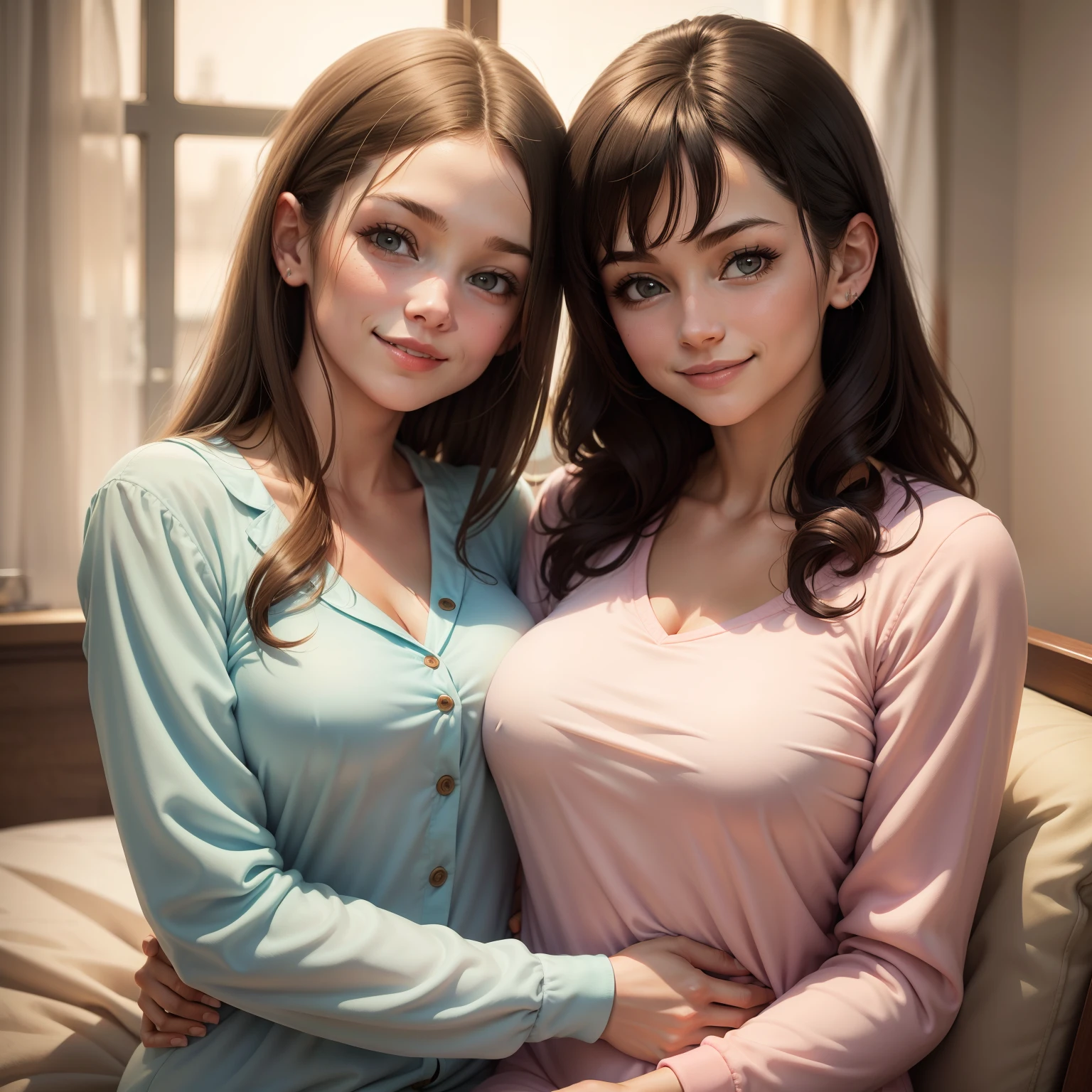 (A hyper-realistic,hight resolution), Ray tracing,  Sharp Focus,  ultra-detailliert,  High resolution,  Beautiful detailed eyes,  ((Best Quality)),  elaborate features,  Extremely detailed,  2girls,  bared  chest, Long hair,  Colored hair,  beautidful eyes,  Laughing,  ((Colorful One Sea Pajamas)),  (Cute Onsea with hood),  Showing cleavage,  PILLOWS,  Dynamic Pose,  Both sitting and lying poses,  Detailed scenery,  Sunset,  Bedroom,  Volumetric lighting, Dynamic Angle,  ((Beautiful))