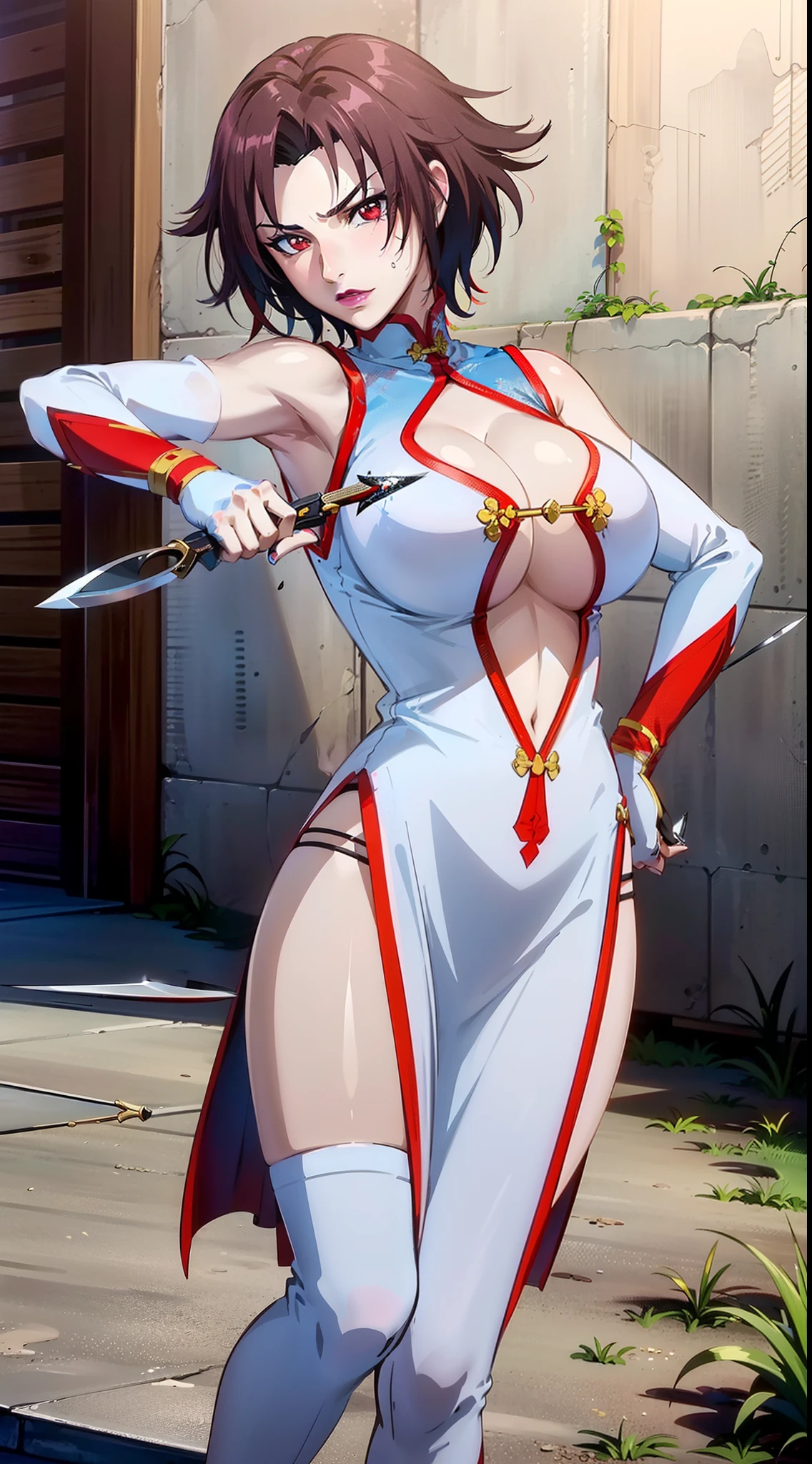 Lee Mayfeng, mature female, 1girl, nail fingers, makeup, large breasts, lipstick, red eyes, short hair, brown hair, chinese dress, dress, chinese clothes ,gloves, underboob, cleavage, kunai, weapon, throwing kunai, holding kunai, (((masterpiece, highres, ultra high detailed, high quality)))