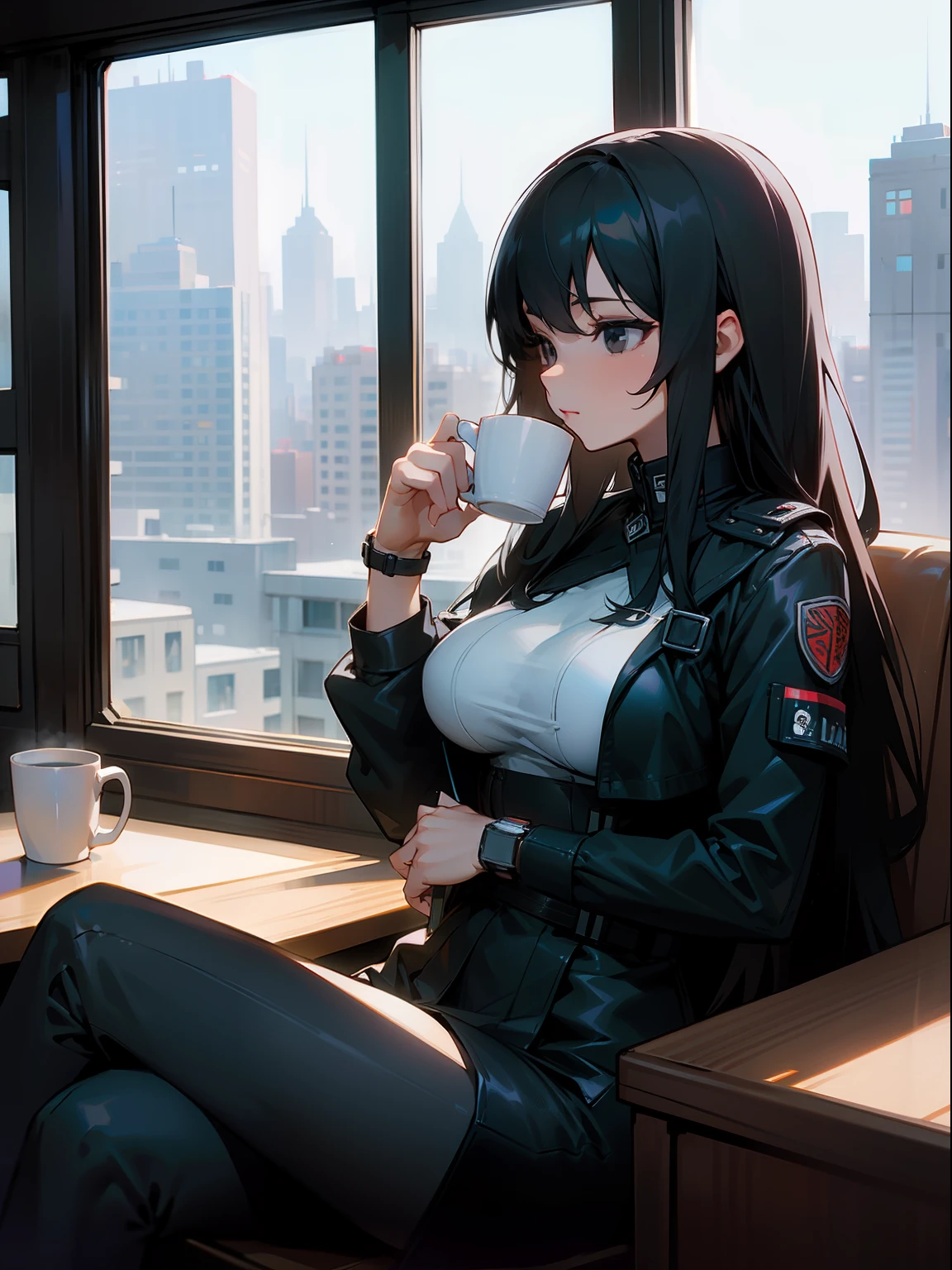 top-quality、Top image quality、​masterpiece、Teenage girl((Black Suit、18year old、 Ager、Best Bust、big bast,Black eyes, Long Black Hair、A slender,Large valleys、sit a chair、Operating a computer、Gentle face、A slight smil、face to viewer)),hiquality、Beautiful Art、Background with((Calm room、bookcase、Black walls、window、snow blowing、The table、Hot milk、Christmas))​masterpiece、depth of fields,Cinematic style
