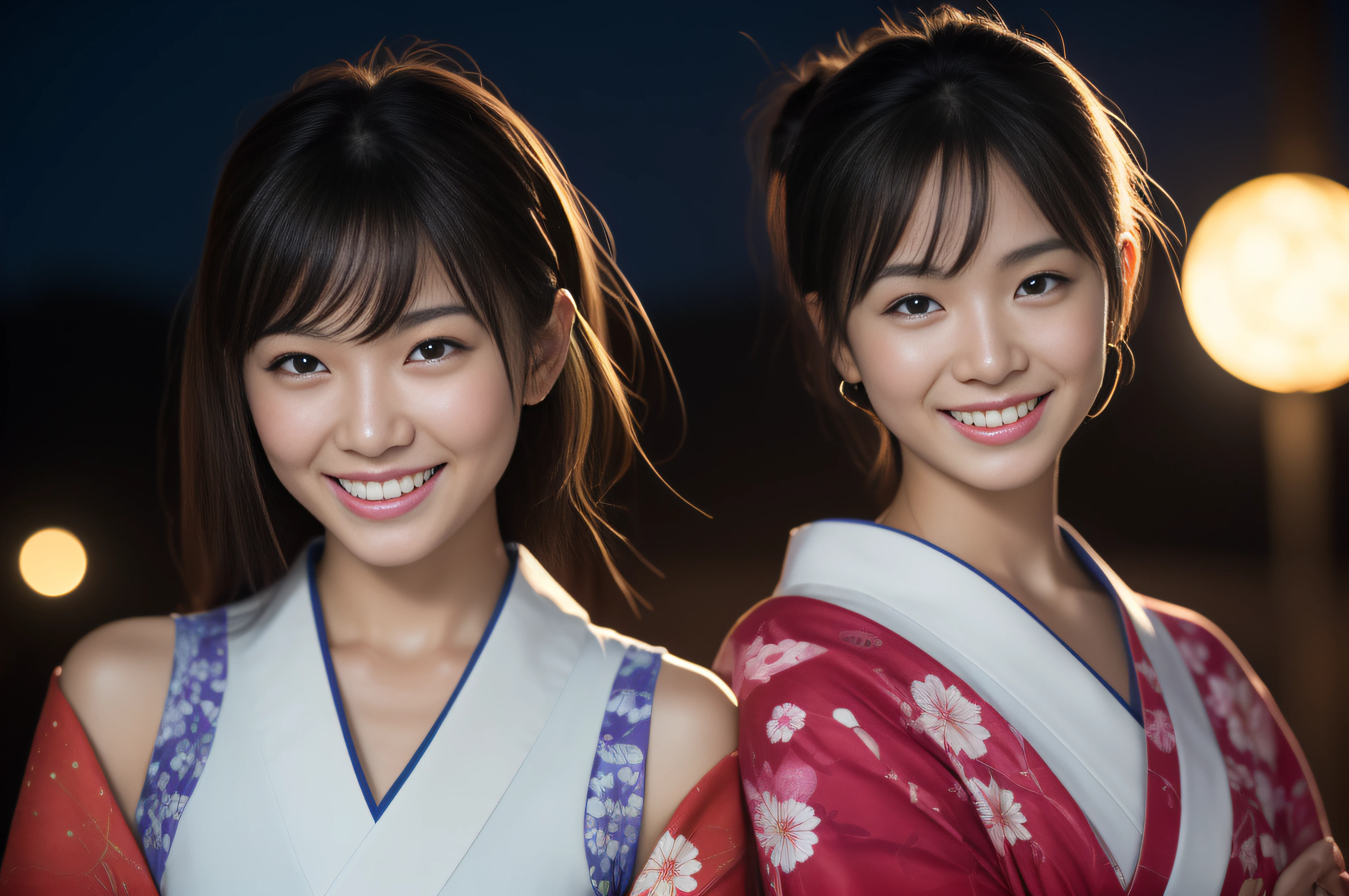 （filmgrain：1.4），（Fuji colors：1.2）, No makeup，Clear pores，1 cute Japanese girl, 26 year old, Extremely detailed eye clarity，Detailed skins，Realistic skin texture，Real skin texture，Highly Detailed Face and Skin Textur，(D cup，broad shoulder，Small round buttocks，Small head, Slender thighs, Slender calves, Wear a traditional Japanese kimono printed with seven nail textures), (cabelos preto e longos/Hippie fever/Hair tied), (Laughing heartily)，(yokohama, Japan/looking at the stars/Watch the fireworks display), 真实感：1.3，Contre-Jour，Overlooking, Dynamic shots:1.2, Large close-up of the girl's face, All black environment, Beautiful starry sky, Ultra photo realsisim，Photo realism，Add noise:1.5, Doji diffraction,