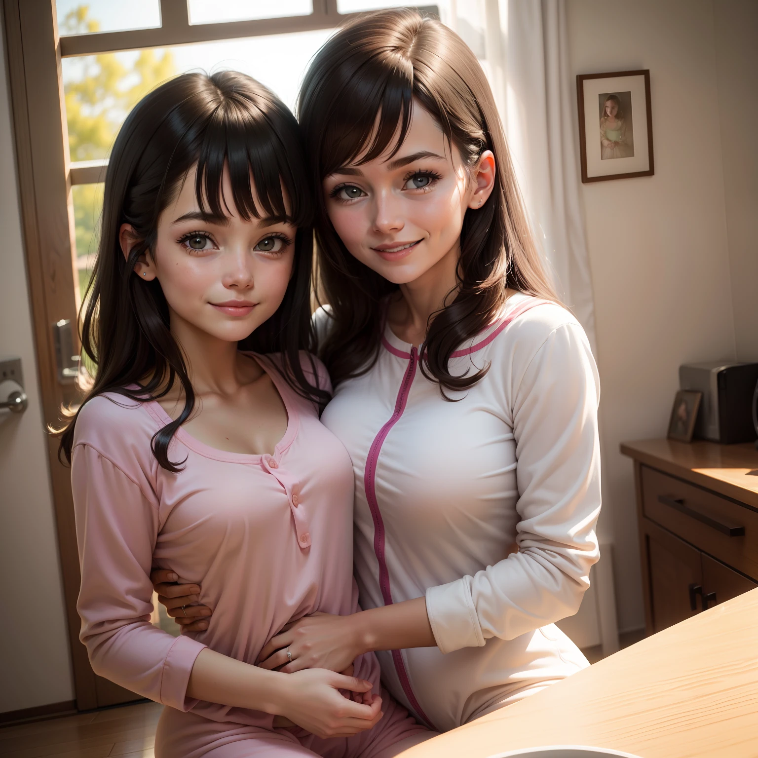 a mother hold a daughter,onesie,smile,everyone is an adults,