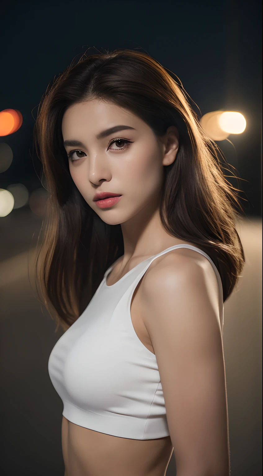 ((Realistic lighting, Best quality, 8K, Masterpiece: 1.3)), Clear focus: 1.2, 1girl, Perfect Figure: 1.4, Slim Abs: 1.1, ((Dark brown hair)), (White crop top: 1.4), (Outdoor, Night: 1.1), City streets, Super fine face, Fine eyes, Double eyelids,