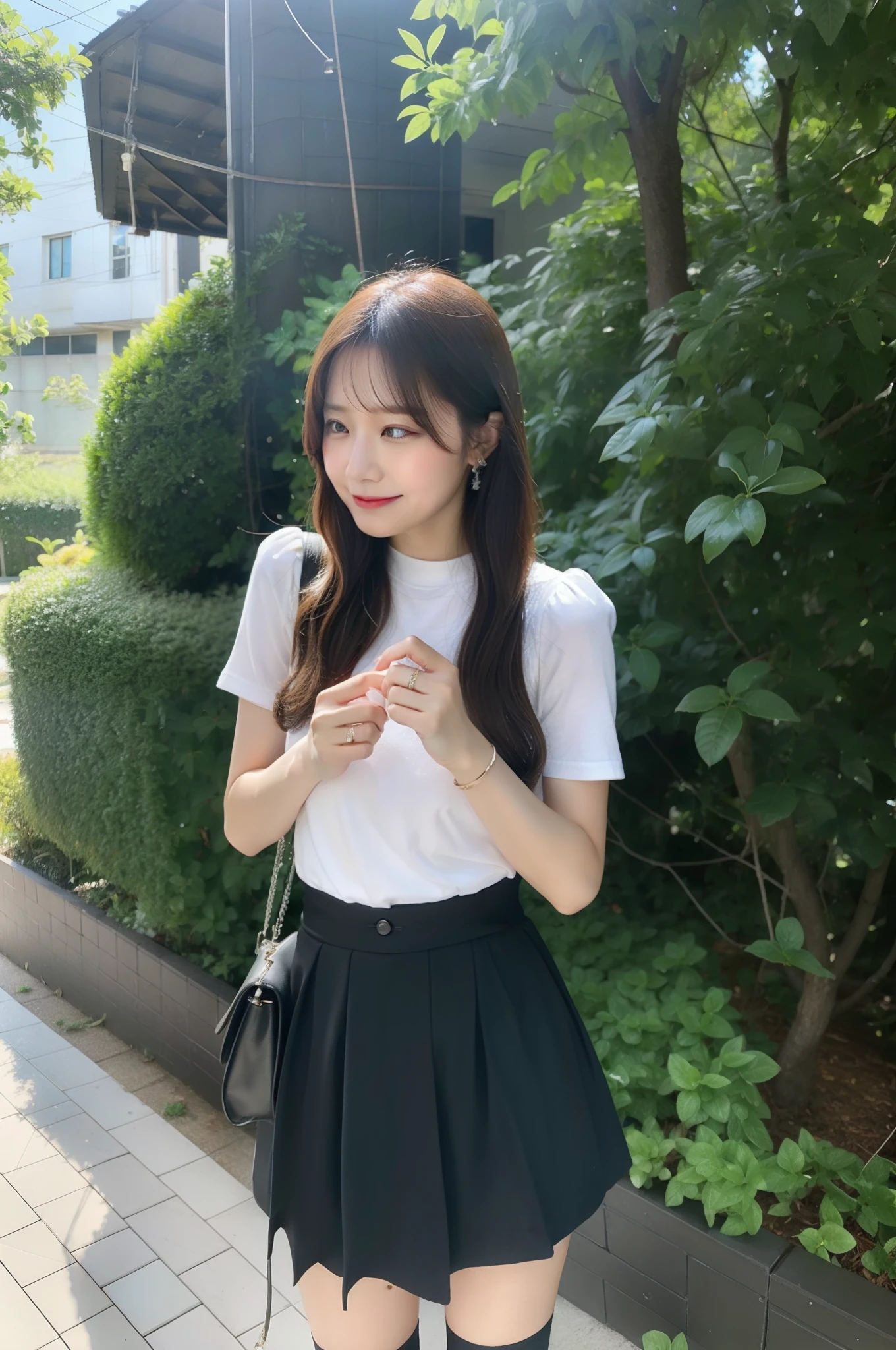 (Best Quality, masutepiece, Ultra HD: 1.3, High brightness, High color saturation), 1girl in, （middlebreasts）, light brown hair, Asymmetrical hair, straight haired, Long hair, （ slender body shape, Constricted waist）, （Ultra Fine Face）, Delicate lips, （beautidful eyes）, thin blush, eyes are brown, perfect glossy skin, View here, Smiling smile, （ hide one's hands）, （Sitting on a bench）, （thin and long legs, Thighs and toes:1.5), See-through white blouse, White tight skirt, （White pumps）, (a japanese girl, hposing Gravure Idol), Broad-leaved forest, 135 mm, Fuji Film
