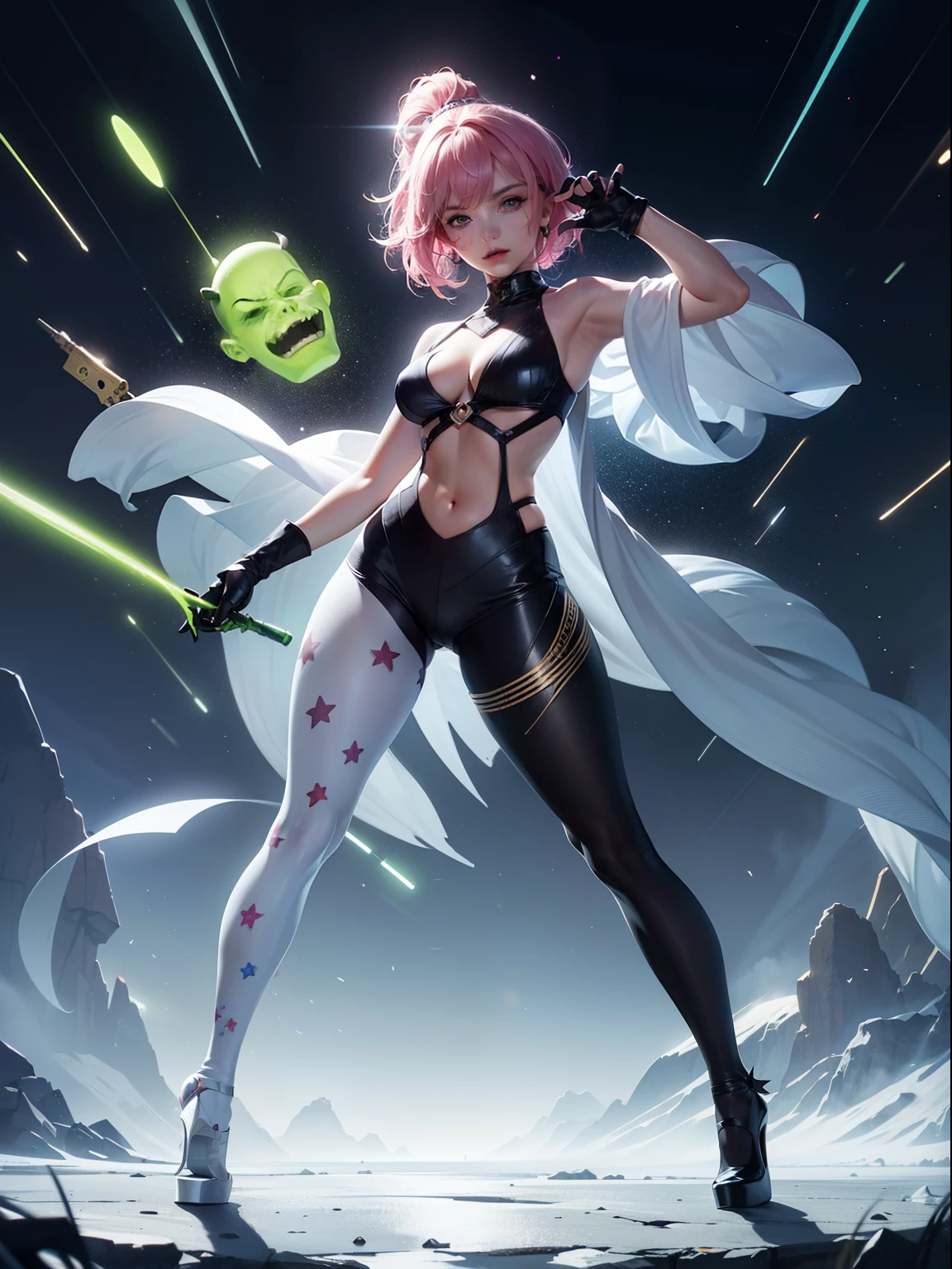 (full body:1.5),(1girl:1.3),(view the viewer:1.4),(anatomy correct:1.45),(Wear printed fantasy Hulk tight and point-toe heels ,and very thick printed pantyhose :1.35), (Light particle effect:1.3),(In pink | amarelo | blue colors| green color |red colour | white colors| black in color| purpleish color| greys| Beige| Flesh color 1.4),(Glowing eyes:1.3),(Large amplitude action: 1.3),(Accurate and perfect face:1.4),hyper HD, Ray traching, reflective light,structurally correct, Award-Awarded, high detal, lightand shade contrast, Face lighting,cinmatic lighting, tmasterpiece, super detailing, high high quality, high detal, best qualityer, 16k,High contrast,