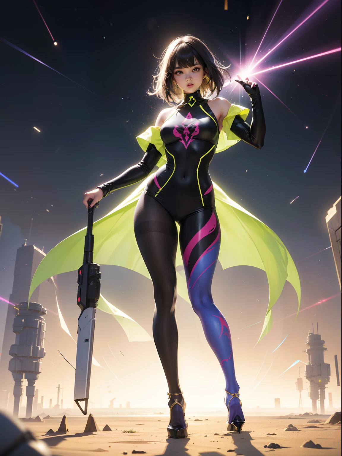 (full body:1.5),(1girl:1.3),(view the viewer:1.4),(anatomy correct:1.45),(Wear printed fantasy Hulk tight and point-toe heels ,and very thick printed pantyhose :1.35), (Light particle effect:1.3),(In pink | amarelo | blue colors| green color |red colour | white colors| black in color| purpleish color| greys| Beige| Flesh color 1.4),(Glowing eyes:1.3),(Large amplitude action: 1.3),(Accurate and perfect face:1.4),hyper HD, Ray traching, reflective light,structurally correct, Award-Awarded, high detal, lightand shade contrast, Face lighting,cinmatic lighting, tmasterpiece, super detailing, high high quality, high detal, best qualityer, 16k,High contrast,