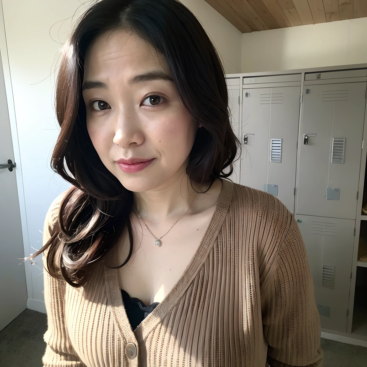 ((Best Quality, 8k, Masterpiece, Portrait:1.3)), Photorealistic, Sharp Focus, High Quality, High Definition, Solo, Japan, Middle Aged Woman, Beauty, Underwear, Big Tits, 43 years old, Plump Body, Wavy Hair, Wrinkles at the corners of the eyes, Fisheye, Panties, Bra, From above, Office Changing Room, Lots of Lockers, Small Room