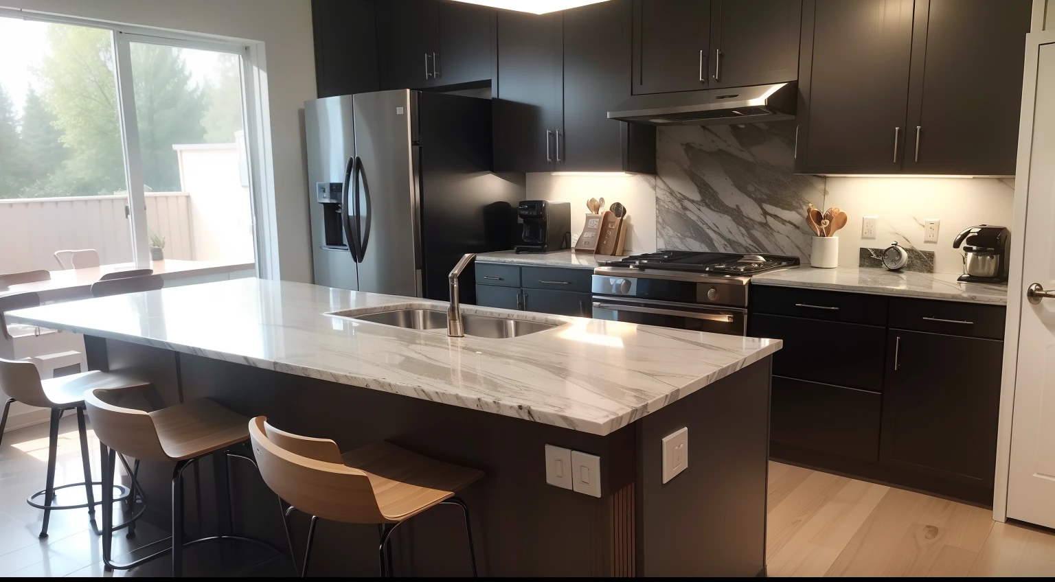 make a kitchen of a modern house decorated with granite, extreme highlight on the granite, use amazing lights