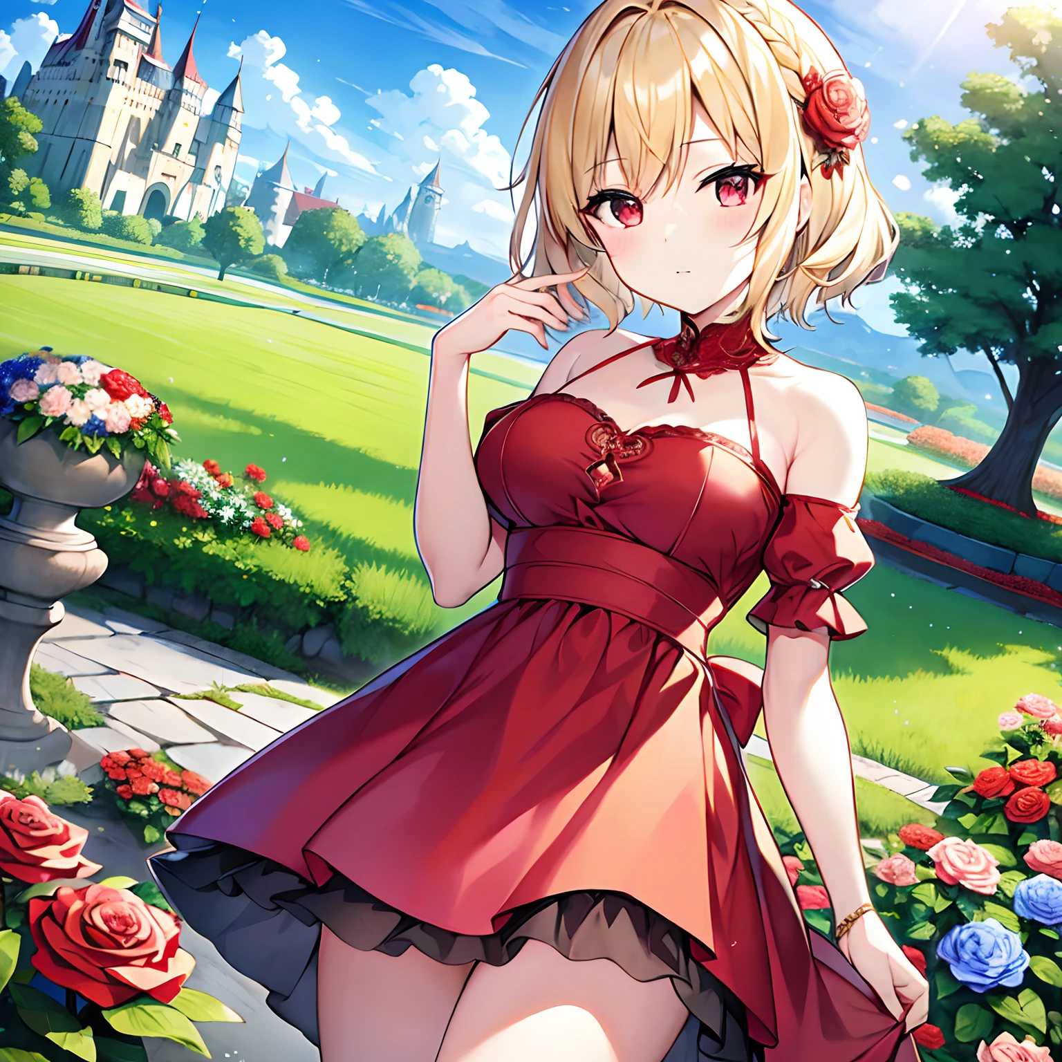 Short blonde Hair、red eyes、Beautiful girl alone、独奏、animesque、western clothes、a miniskirt、Castles、Flower bouquet、rose garden
