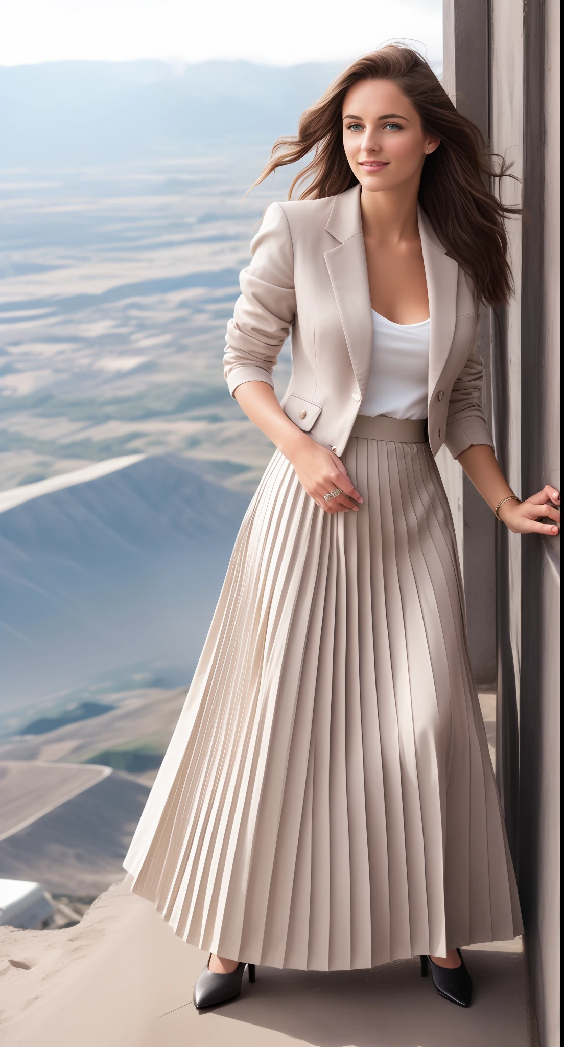 very (shy smiling:1,1) good woman wearing a short blazer with a very very detailed (long (fully pleated) full circle skirt) and (simple) low heeled office shoes, very very intricate hyper-detailed symmetric (attractive graceful young feminine face) with (sad, tired eyes and a shy smile), large breasts, full of empathy and compassion and love, (pronounced (feminine) features), (highly detailed ultra accurate realistic) hands and fingers, (windy conditions and wind blowing), epic composition, highly detailed attributes, highly detailed atmosphere, (35mm f1.4 Kodak portra 400 photograph), extremely high quality RAW photograph, (deep space travel),