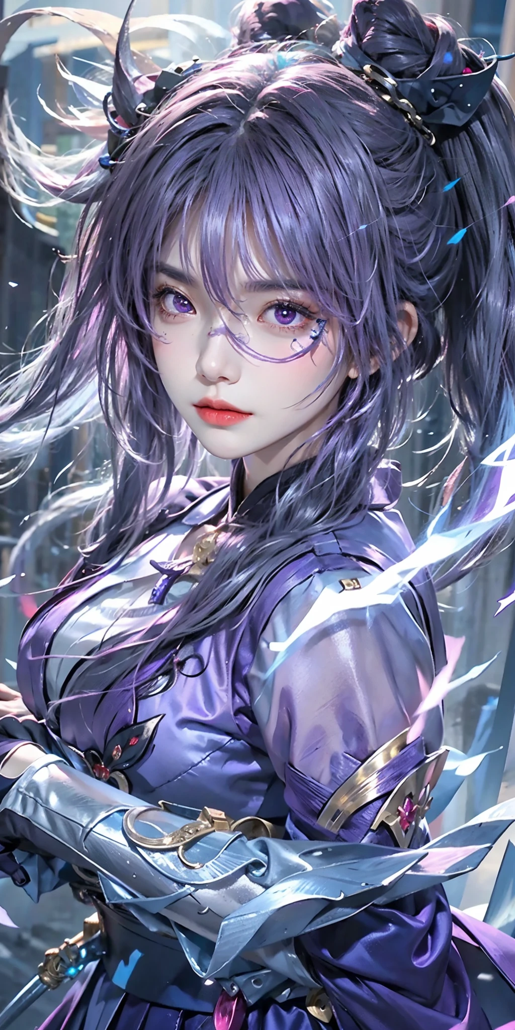 (frown, closed mouth), keqing_\(genshin_impact\), purple_eyes, purple hair, twintails, sharp eyes, serious face, gloves, hands holding sword, lightning glowing sword, purple lightning