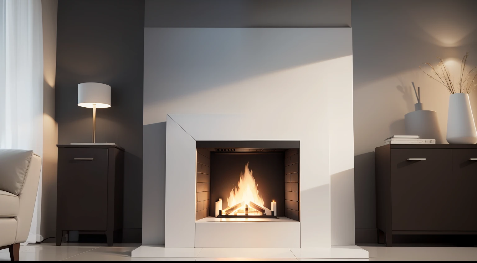 make a modern and elegant fireplace of a modern home, using white quartz, make beautiful lights