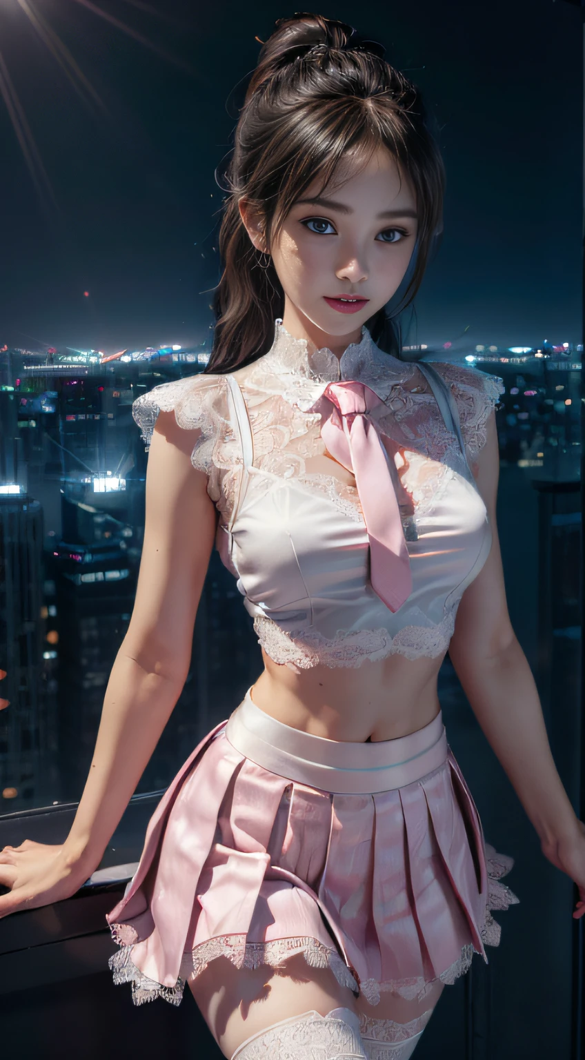 8K, Masterpiece, RAW photo, Best quality, Photorealistic, Extremely detailed CG unification，Open navel， 8k wallpaper, Depth of field, Cinematic light, Lens flare, Ray tracing, (Extremely beautiful face, Beautiful lips, Beautiful eyes), intricate detail face, ((ultra detailed skin)) 1girll, In the dark, deepshadow, Pretty Korean girl, Kpop idol,(Very slim and slender muscular body:1.3), ((view the viewer)),(Big smile:1.3), (Tight sports chest，Lace skirt), (Injection sleeve) , (Dim lights, (neon lights sign), (Big building), City Night, Cityscape ), (No one is in the background:1.3), Pretty Korean girl, Earrings, bangle, Dia necklace, Pantyhose, Clear eyes, Walking , front footage, (Pale skin), Face forward, (Big eyes), ((upperbody shots)), ((silk tie)), ((Pink big breasts, White skinny sports chest，Pleated lace skirt:1.3)), (view the viewer:1.3), (worn out, Tight sports chest，Lace skirt), Open breasts, Hermès bag