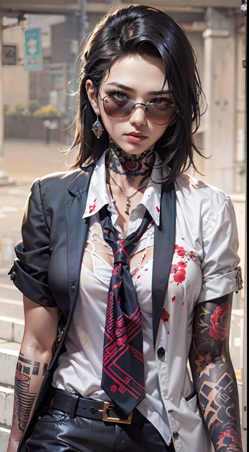 A gangster boss on the streets of Japan, A group of gang members stood behind,angry look,Mixed Korean,The background is blurred out,focal,电影灯光,(((tmasterpiece))), ((best qualtiy)), ((Complex and detailed)), ((ultra-realistic realism)), Ridiculous resolution, A MILF, Mature woman, ssee-through, highly detailed, illustratio, 1girll, (huge tit), Thin waist and thick hips,long leges,beatiful detailed eyes, short detailed hair, brunette color hair, a purple eye, (Gangster suit:1.2),Tattooed with,Large flower arms,Full of tattoos,Japanese yakuza,Kamami Yamaguchi,Japanese Yamaguchi-gumi,Japanese yakuza woman,The Underworld,full tattoo,Gangster boss,Lunette de soleil,Gangster godfather,Blood stained the streets,Gang boss,Scarred figure,Bloody violence,Sexy and feminine,(No underwear),pantiess, detailed back ground, perfect eyes, Seductive eye, looking at viewert,From the front,Wear light,