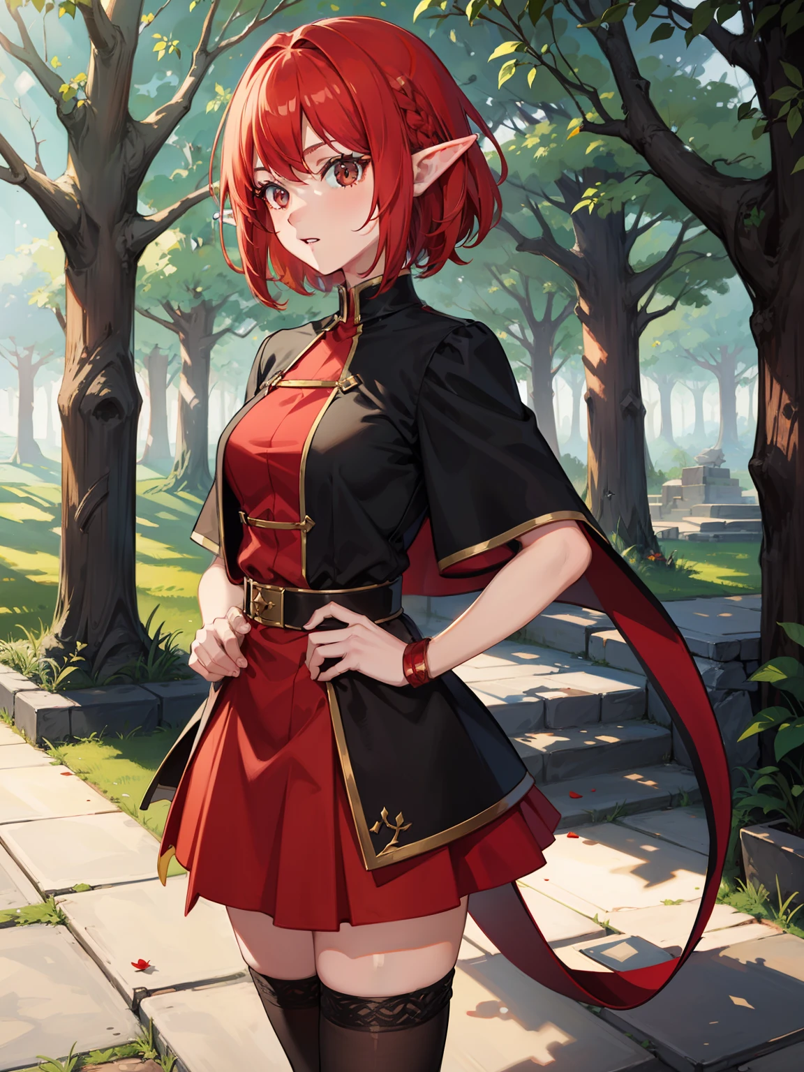 s girl,short detailed hair,Morinari,the elf,red hair,Black eyes,pointy ears,Elf costumes