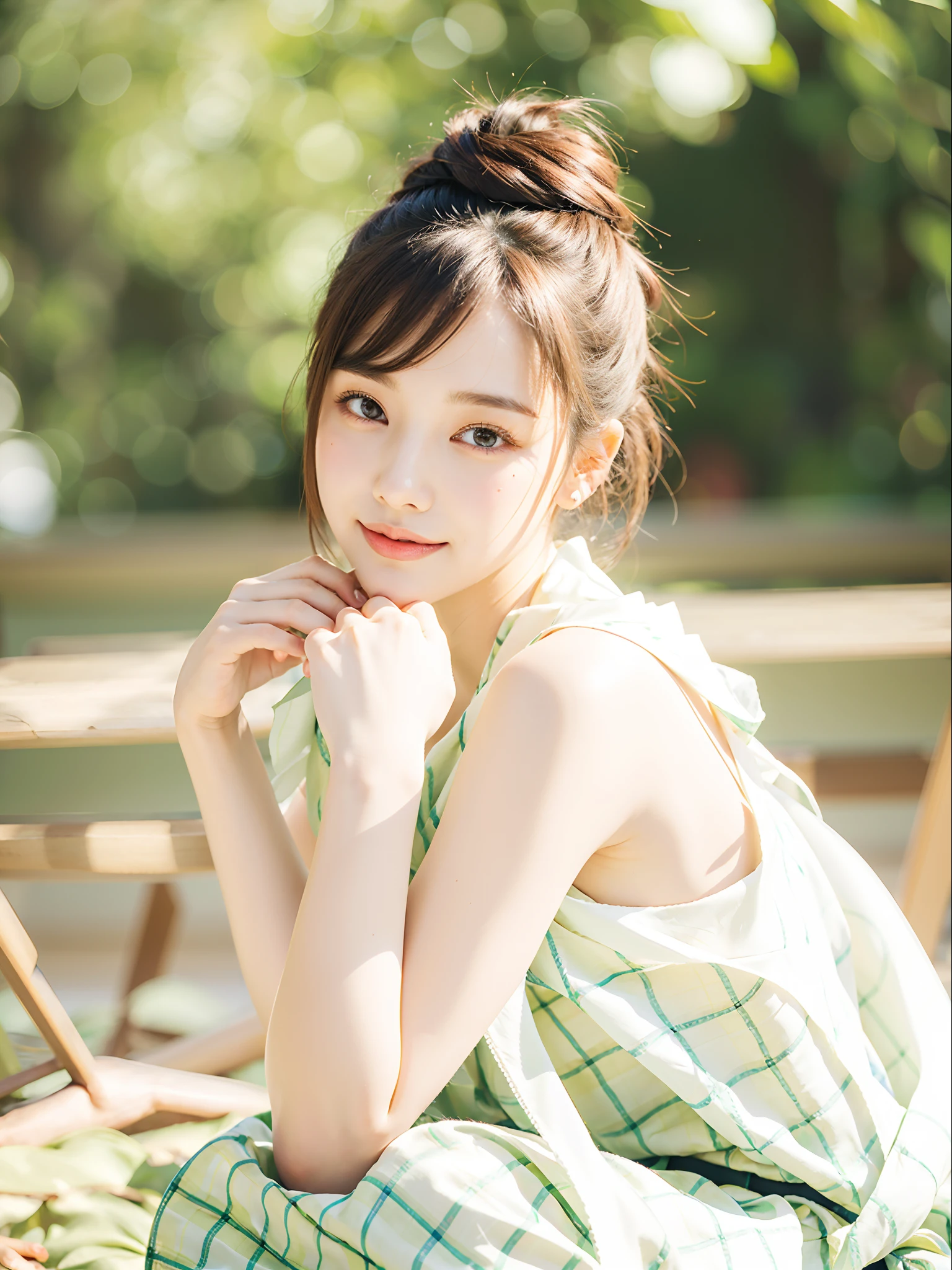 (((Medium hair))), best qualtiy, 8K, hdr, A high resolution, absurderes:1.2, blur backgroun, Background bokeh:1.2, photography of, (RAW photo:1.2), (真实感:1.4), (Masterpiece:1.3), (complexdetails:1.2), 1girll, 独奏, japanaese girl, delicated, Beautiful detailed, (Detailed eyes), (Detailed facial features), Bigboobs, (((Large breasts))), Skin Firm, (Looking_at_peeping at the viewer), From_Front, (being thin),(best qualtiy:1.4),(超A high resolution:1.2),cinematic lighitnglamplight,(Extremely detailed illustration),(Gloss on lips,best qualtiy,超A high resolution,depth of fields,Caustics,Extensive illumination,naturalshadow,85mm, f/1.4, iso 200, 1/160s:0.75),1girll, Solo, (((Silk vest))) Smile, ((silk garment,pleatedskirt,Classroom))