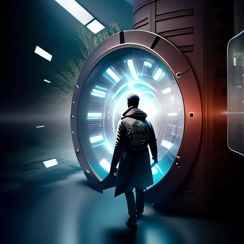 A man in a coat and backpack walking through a tunnel, viajantes do tempo, Viagem no tempo, time vortex in the background, viajante do tempo, Tema Viagem no Tempo, spirits coming out of portal, Viajantes do tempo aparecem em um parque, magic portal to another world, Portal para outro mundo, magical glowing time portal, memory trapped in eternal time, Time travel machine, Viaje no Tempo