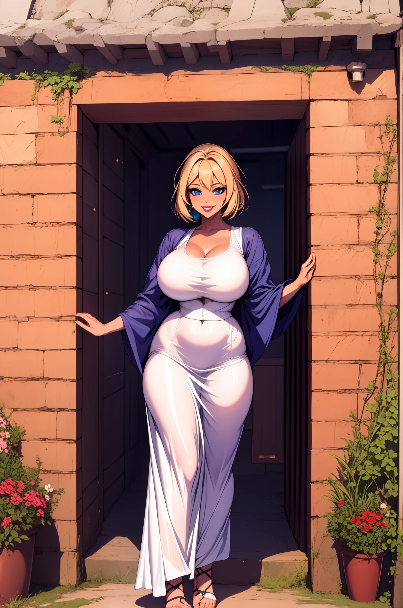 ,bimbo, slim waits, short hair, lipstick, wide hips, huge breasts, , huge breasts, milf,blonde hair, short hair, lipstick, makeup, , (blue eyes), perfect eyes, earrings, smiling, blushing, walking,*priestess, pullover, , walking flipflops, long skirt, medieval clothing, solo, floral crow, staff, wizard, full body, flipflops, medieval village, long robo, long skirt, big skirt, pants
