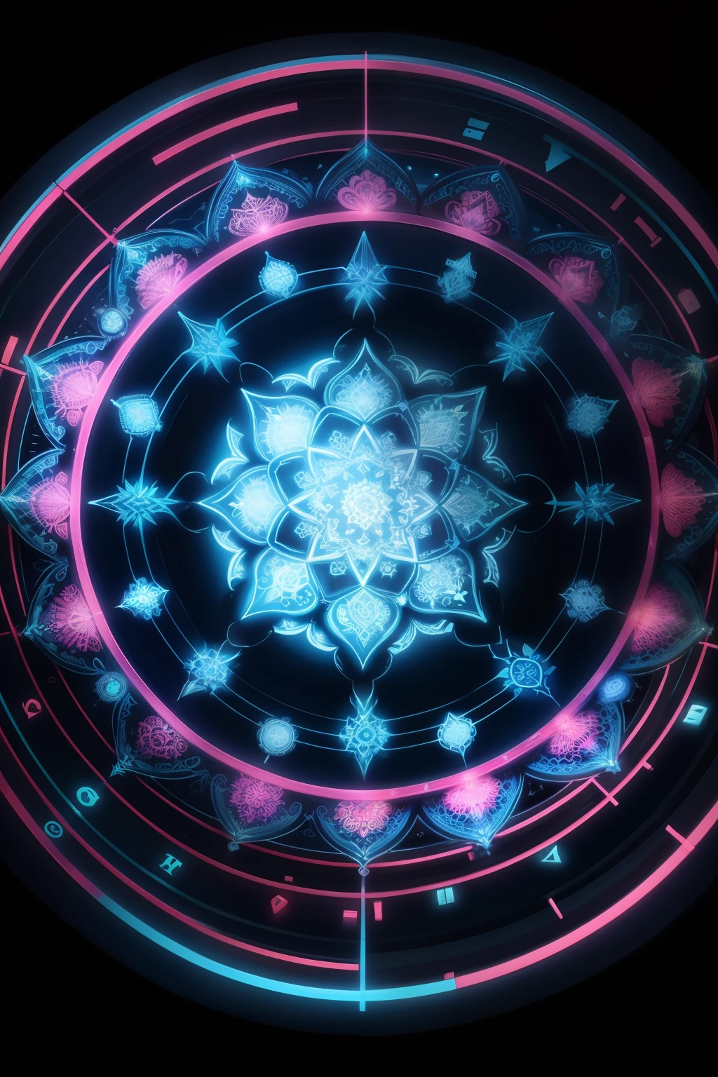Create a neon blue mandala representing purpose and business.