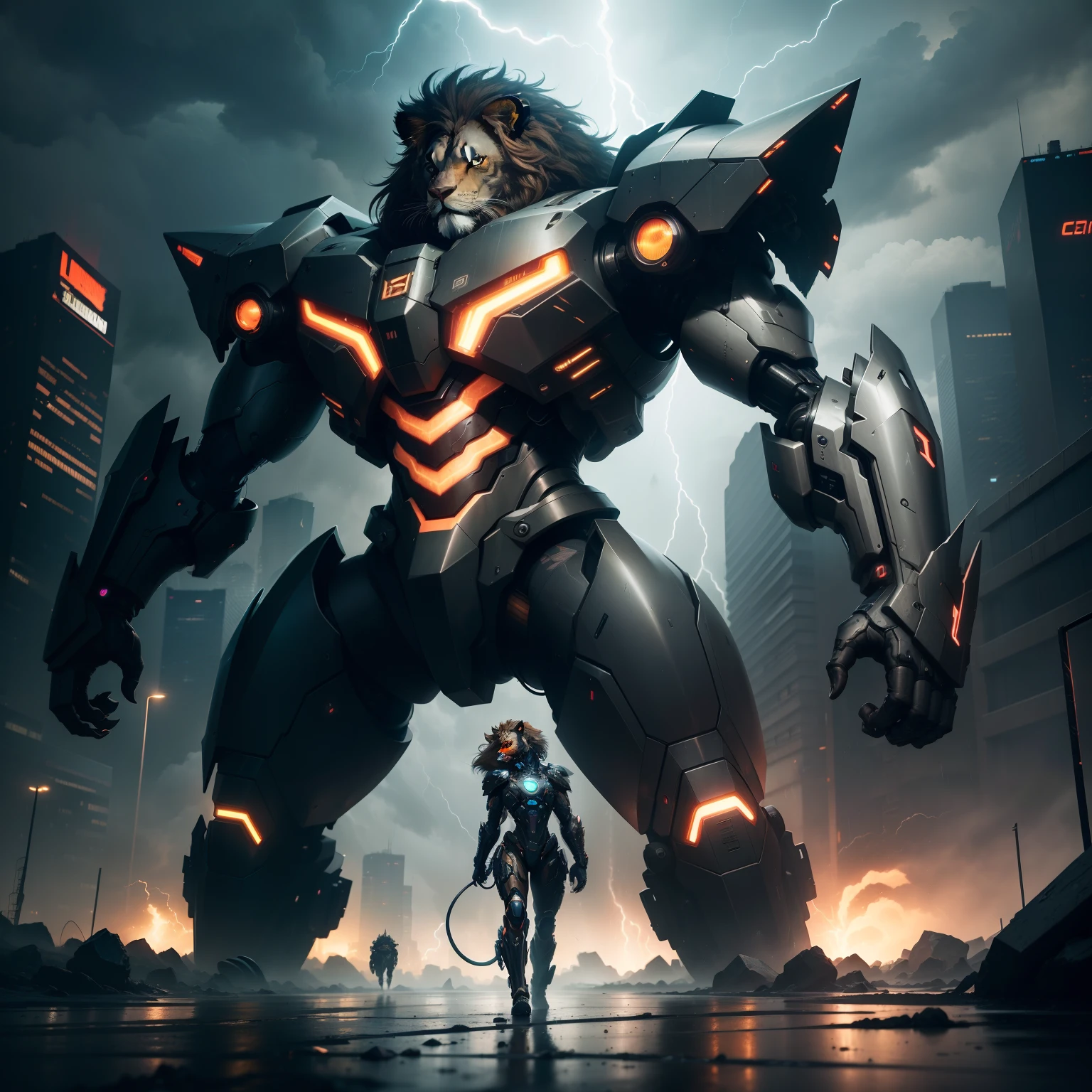 In a dystopian future where technology and nature collide, envision an extraordinary sight: an enraged lion transformed into a formidable cyberpunk warrior. Against the backdrop of a tumultuous and stormy landscape, this cybernetic feline guardian exudes raw power and fury.
The lion's golden fur, now interwoven with sleek, shimmering metal plating, reflects the eerie glow of neon lights that pierce through the stormy darkness. Its mechanical limbs, a blend of artful design and advanced machinery, allow it to move with astounding agility and strength.
Adorned in cyber-enhanced armor that crackles with energy, the lion's eyes burn with an unmistakable intensity—emitting a fiery gleam that rivals the lightning streaks arcing across the turbulent skies. Arcane symbols pulse along its metallic hide, hinting at its mystical origins.
With a roar that resonates like a thunderclap, the cyberpunk lion warrior pounces onto the rain-soaked asphalt, claws sparking with electrifying energy. In its path stands a looming threat—a colossal, mechanized monstrosity, emblematic of the technological perils of this new era.
As rain cascades and torrents of wind swirl around them, the ensuing battle between the cyberpunk lion and the mechanical behemoth unfolds with a cinematic grandeur. Neon lights cast dynamic shadows, creating an otherworldly dance of light and shadow amidst the storm's chaotic symphony.
This captivating and dynamic fantasy art prompt captures a fusion of cyberpunk aesthetics and primal fury, showcasing the lion's indomitable spirit as it stands against the elements and technological adversaries alike.