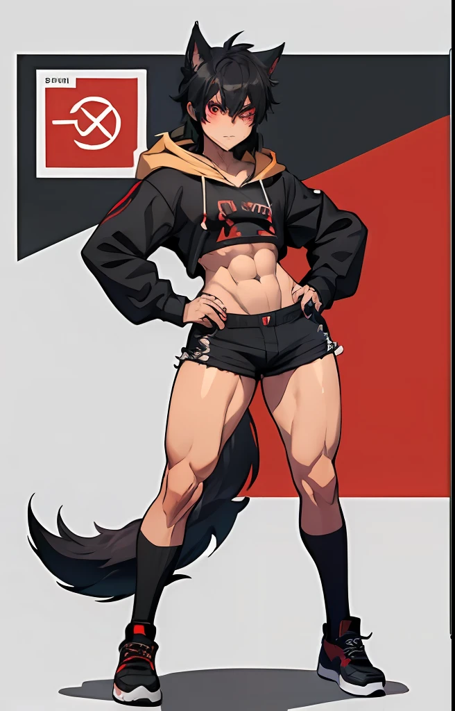 wolf ears, ((((1boy)))), red eyes, black hair, short hair, wolf tail, vibrant, HD, black baggy hoodie, black booty shorts, accurate hands, blush, black thigh socks, smug, big butt, big thighs, toned abs, black shoes, flat chest, accurate legs, masterpiece