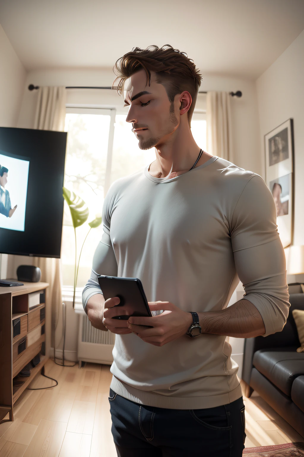 Caucasian man standing with eyes closed next to multimedia devices, usando fone de ouvido, multimedia sound in the living room, perspectiva