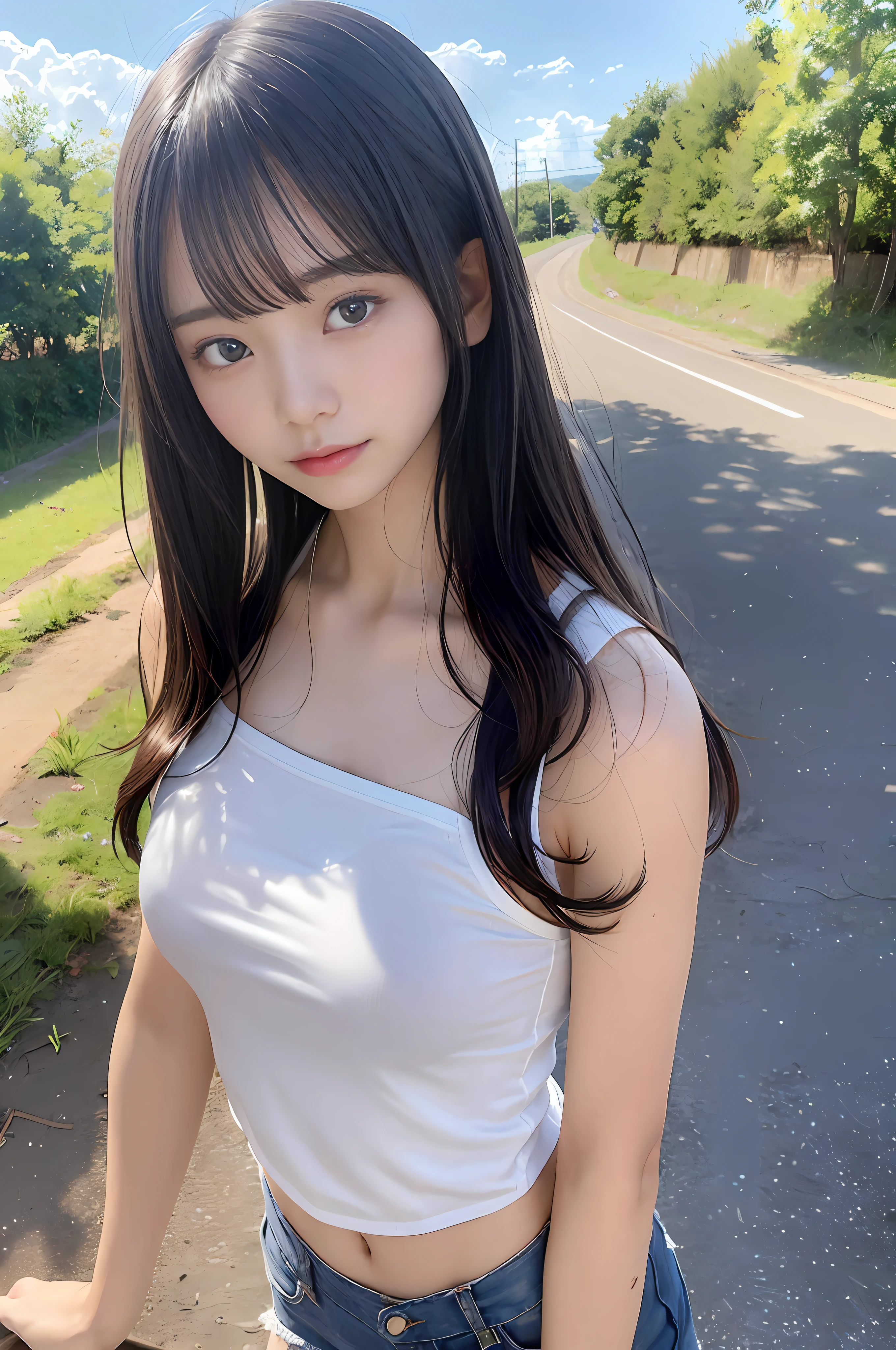 masterpiece, best quality, photorealistic, raw photo, DSLR, beautiful Japanese girl, -yeld, s, highly detailed fair skin, shiny skin, realistic face, beautiful face, no makeup face, (highly detailed realistic eyes), beautiful eyes, bright eyes, double eyelids, look at viewer, (black short hair), (dark short hair), bangs, disheveled hair, slim figure, slim face, big breasts, narrow thighs, thigh gap, ((white camisole, see-through shirt, tight denim shorts, rural dirt road)), beautiful lighting, perfect lighting, realistic shadows, highly detailed, highly delicate and beautiful, ultra high resolution, 8k UHD wallpaper,