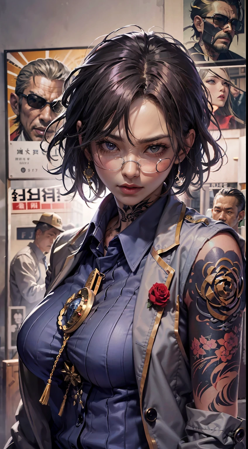 A gangster boss on the streets of Japan， A group of gang members stood behind，angry look，Mixed Korean，The background is blurred out，focal，电影灯光，(((tmasterpiece))), ((best qualtiy)), ((Complex and detailed)), ((ultra-realistic realism)), Ridiculous resolution, A MILF, Mature woman, ssee-through, highly  detailed, illustratio, 1girll, (huge tit), Thin waist and thick hips，long leges，beatiful detailed eyes, short detailed hair, brunette color hair, a purple eye, (Gangster suit:1.2),Tattooed with，Large flower arms，Full of tattoos，Japanese yakuza，Kamami Yamaguchi，Japanese Yamaguchi-gumi，Japanese yakuza woman，The Underworld，full tattoo，Gangster boss，Lunette de soleil，Gangster godfather，and there is blood on the corners of your mouth，Gang boss，There are scars on the face，bandage on hands，Bloody violence，Sexy and feminine，（No underwear），pantiess, detailed back ground, perfect  eyes, Seductive eye, （nice hand），Detail hands，looking at viewert，From the front，Wear light，Light a cigarette，Suit thugs，